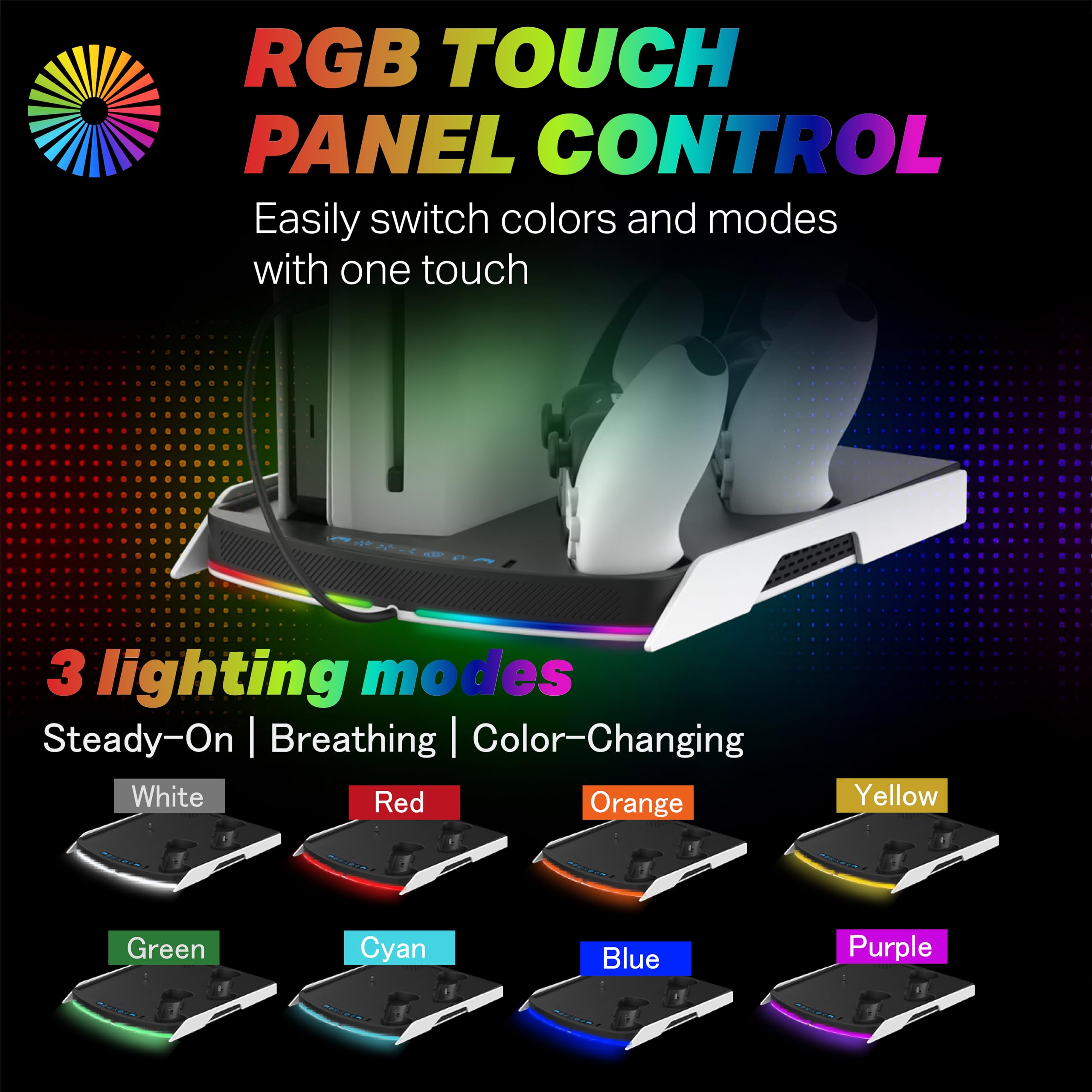 NITHO Supporto PS5 con Ventola di Raffreddamento e Doppia PS5/Edge Controller Charger, Base Verticale Multifunzione Compatibile con PS5/Pro/Slim, con Hub USB e Luci RGB - Accessori PS5