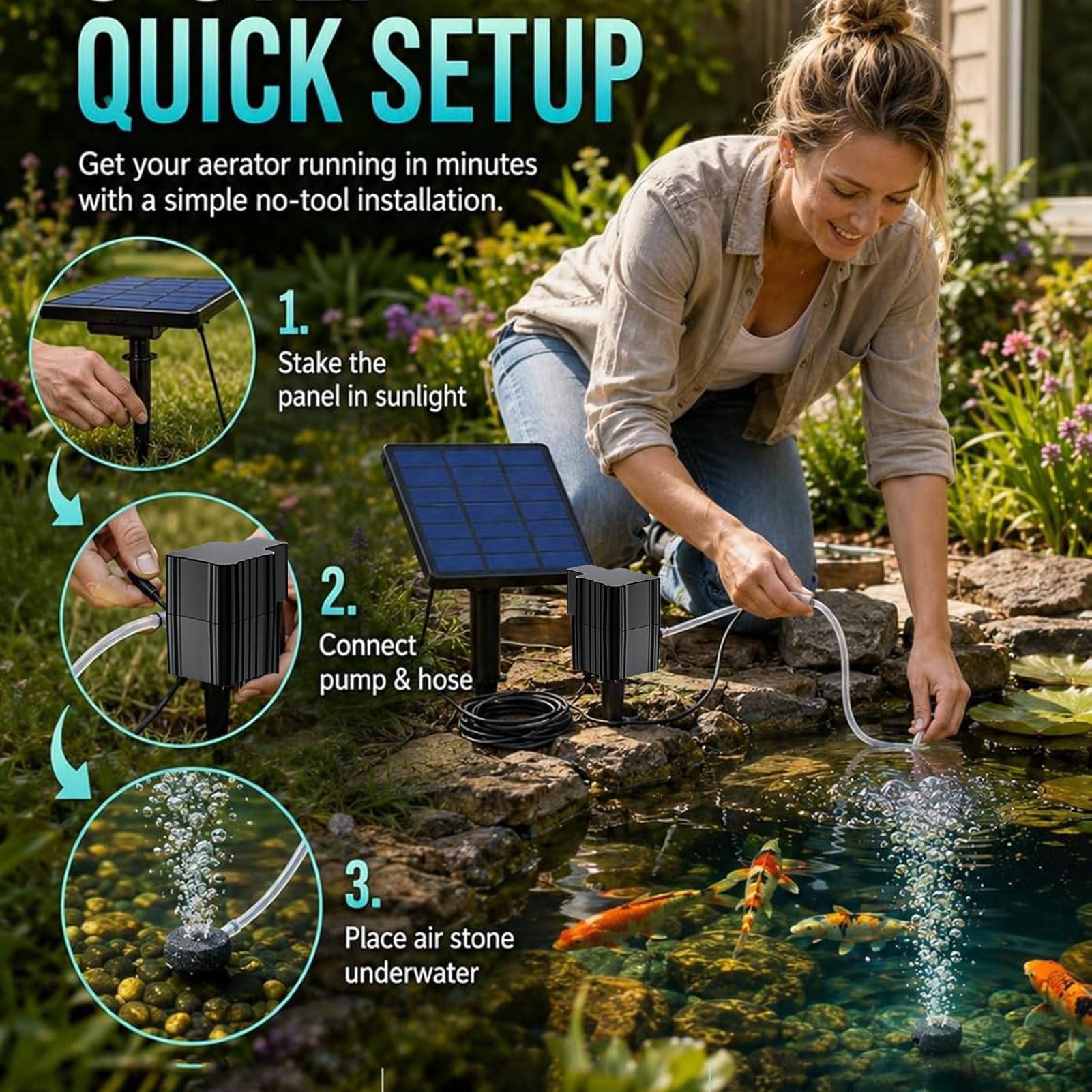 Solar Pond Aerator with Air Pump, 2.5W Solar Teichbelüfter mit Luftpumpe, Luftstein & Schlauch, Solar Sauerstoffpumpe Teich, Leise Teichbelüfter Aquarium, Sauerstoff Luftpumpe für Gartenteich, Angeln