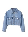 Girl's Raw Hem Crop Denim Jacket Long Sleeve Shacket Single Breasted Spring Fall Outerwear