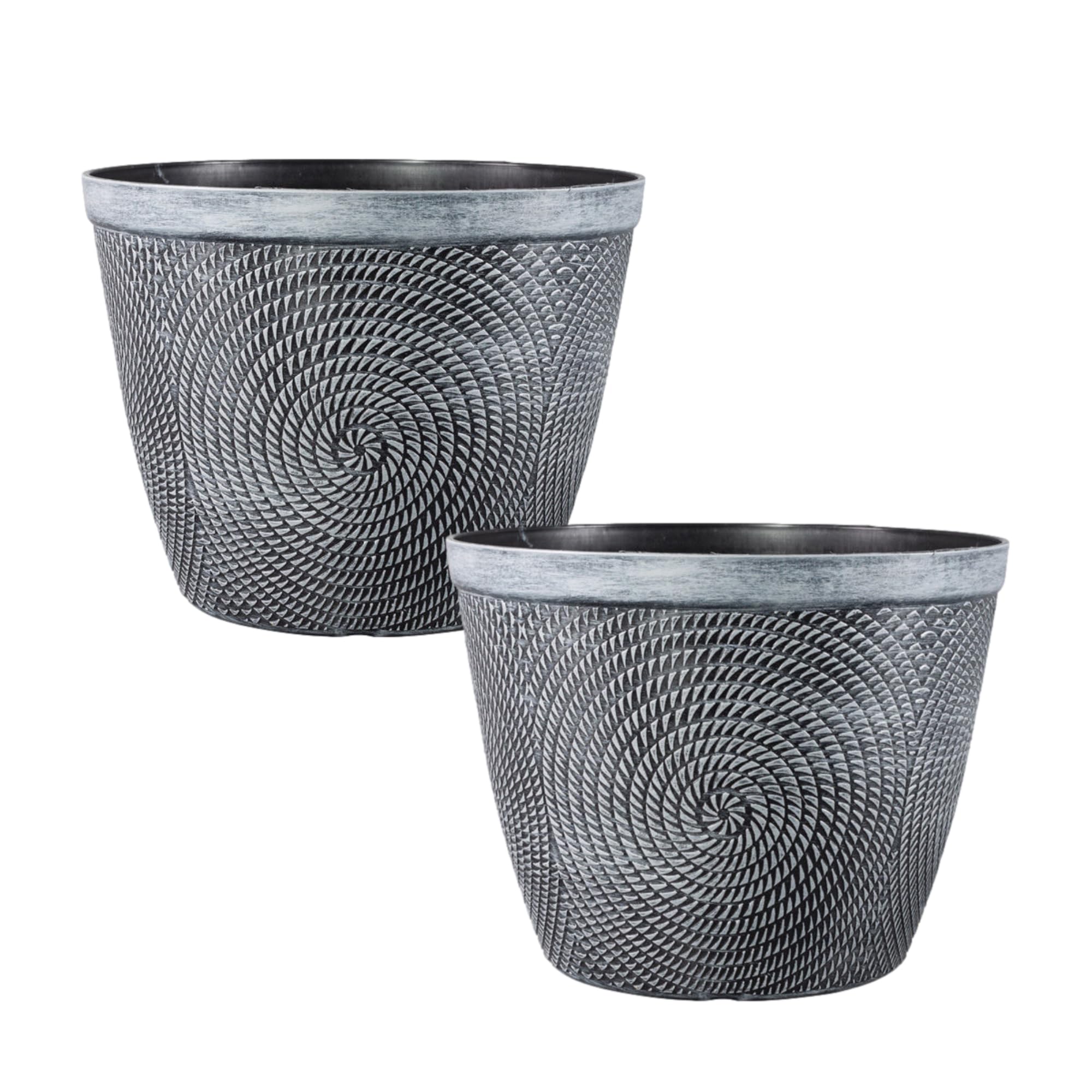 Round Silver Grey Plastic Plant Pot 38cm,15inch Spiral Effect 22L Garden Indoor Outdoor Planter Cover Drainage Holes, Weather, Frost Proof Glossy Effcet (2)