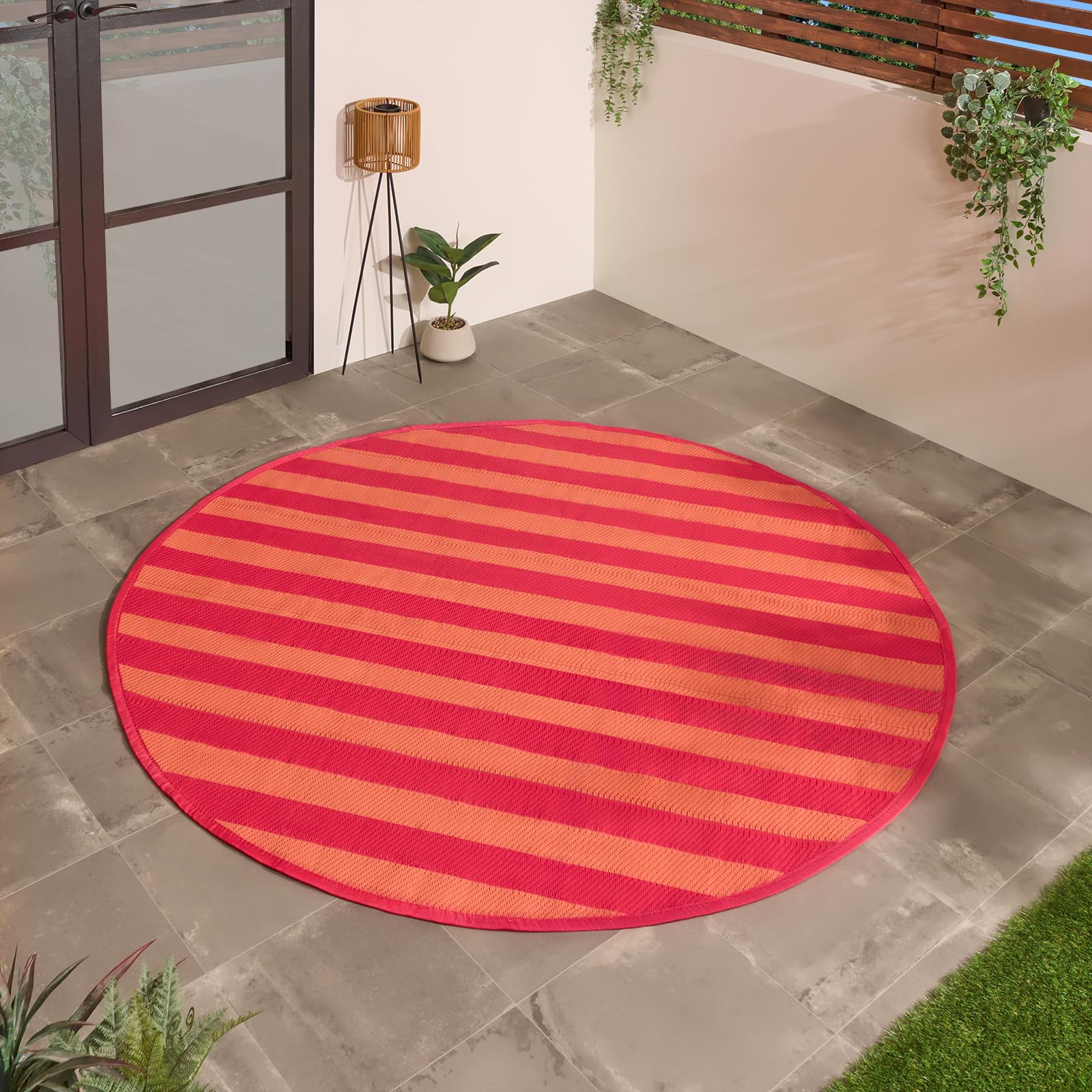 OHS Round Outdoor Rug Stripe, Weather Waterproof Reversible Garden Rugs Foldable Round Rug Non Slip Easy Clean UV Decking Lawn Patio Carpet Outdoor Mat, Orange/Pink - 170cm — image 1