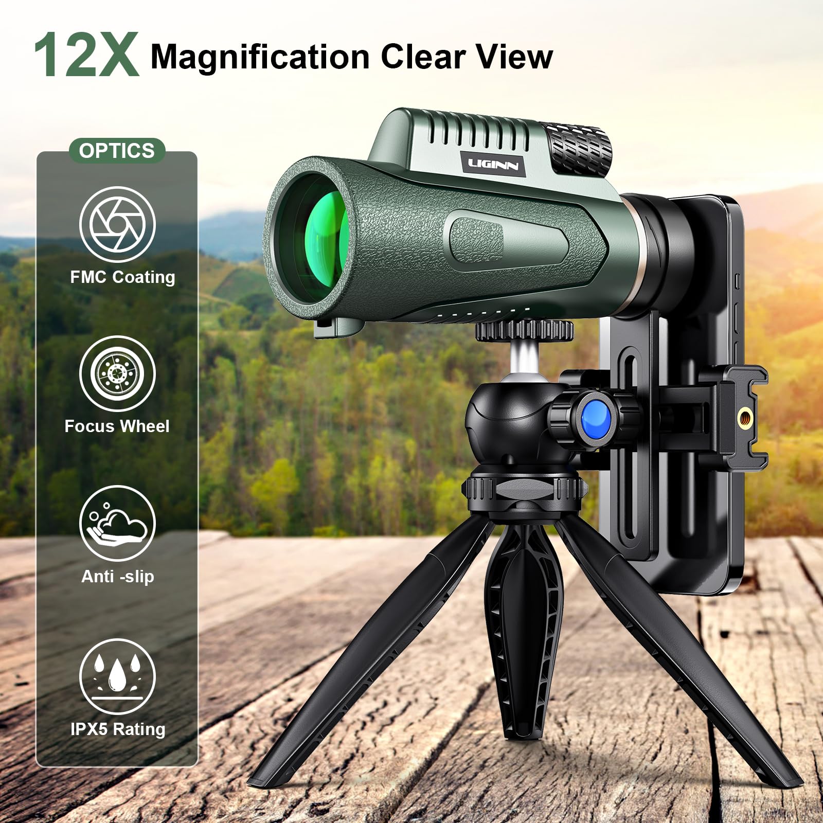 Telescopio Monocular, 12 x 50 HD Monocular para Movil, Monoculars,FMC BAK4 Prisma Monoculars, para observación Caza y Camping (Verde)