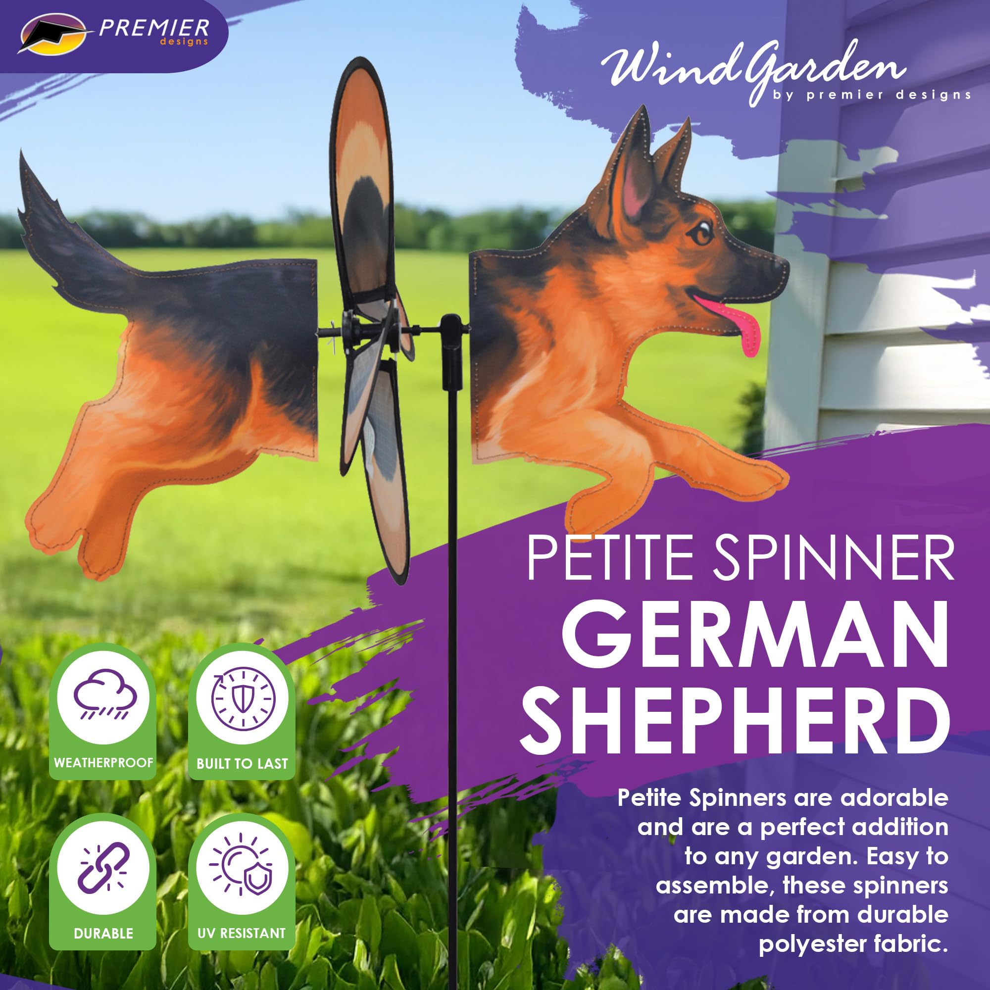 Premier Kites Petite Spinner Deutscher Schäferhund - Skurriles Windspiel für Hof & Garten, strapazierfähiges, wetterbeständiges Gewebe, einfach zu montieren, Outdoor-Dekor für Terrassen, Rasenflächen