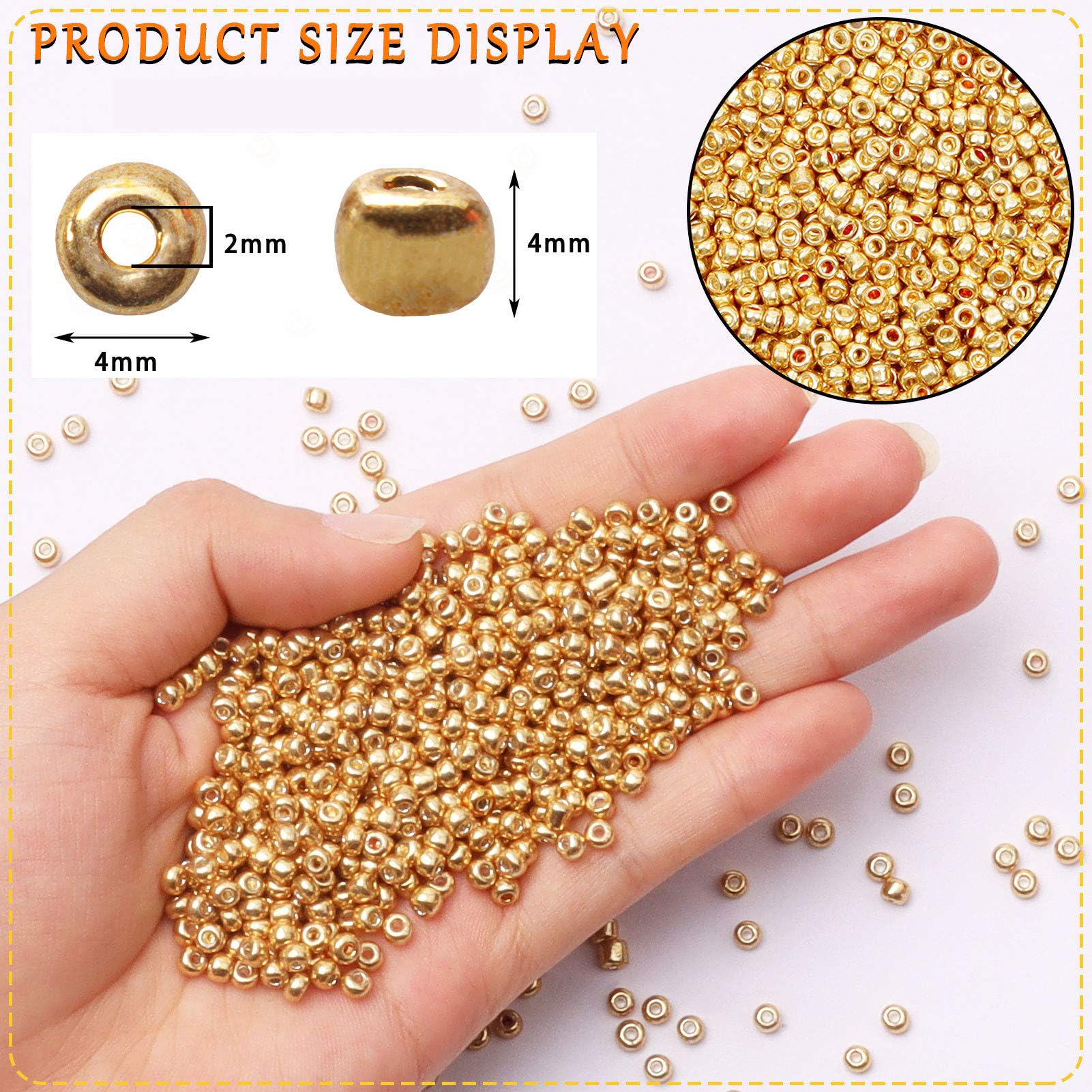 Yholin 2000pcs Glass Seed Beads Bulk,4mm 6/0 Craft Seed Beads Small Pony Beads for DIY Craft Project Bracelet Necklace Jewelry Making - Bright Gold Color Waist Beads Spacer Beads with Tweezers