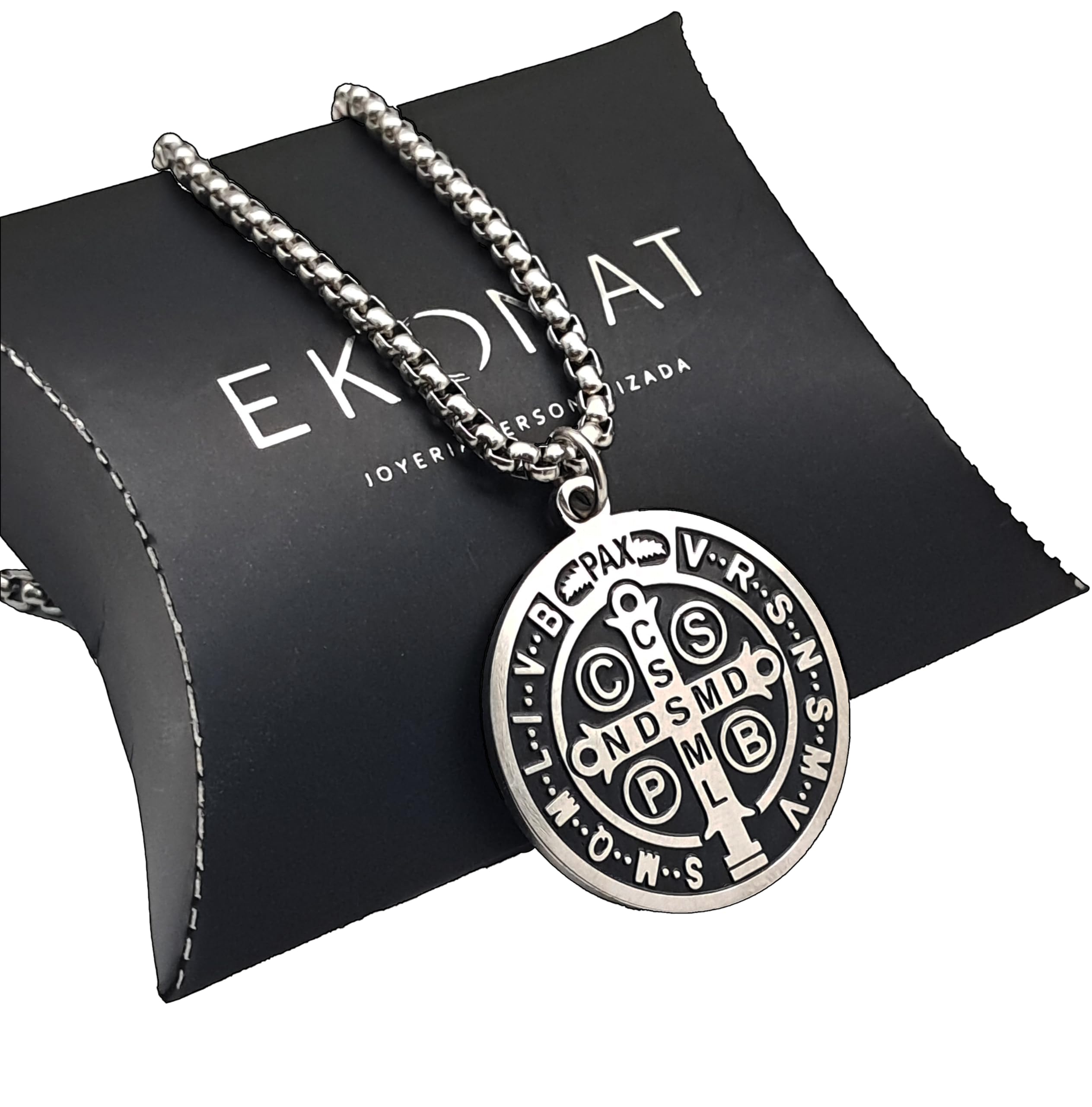 Ekonat- Medalla san benito - cruz de san benito - Medalla acero inoxidable con cadena 30 mm -acabado Brillo esmalte negro- Cadena de acero 55 cm