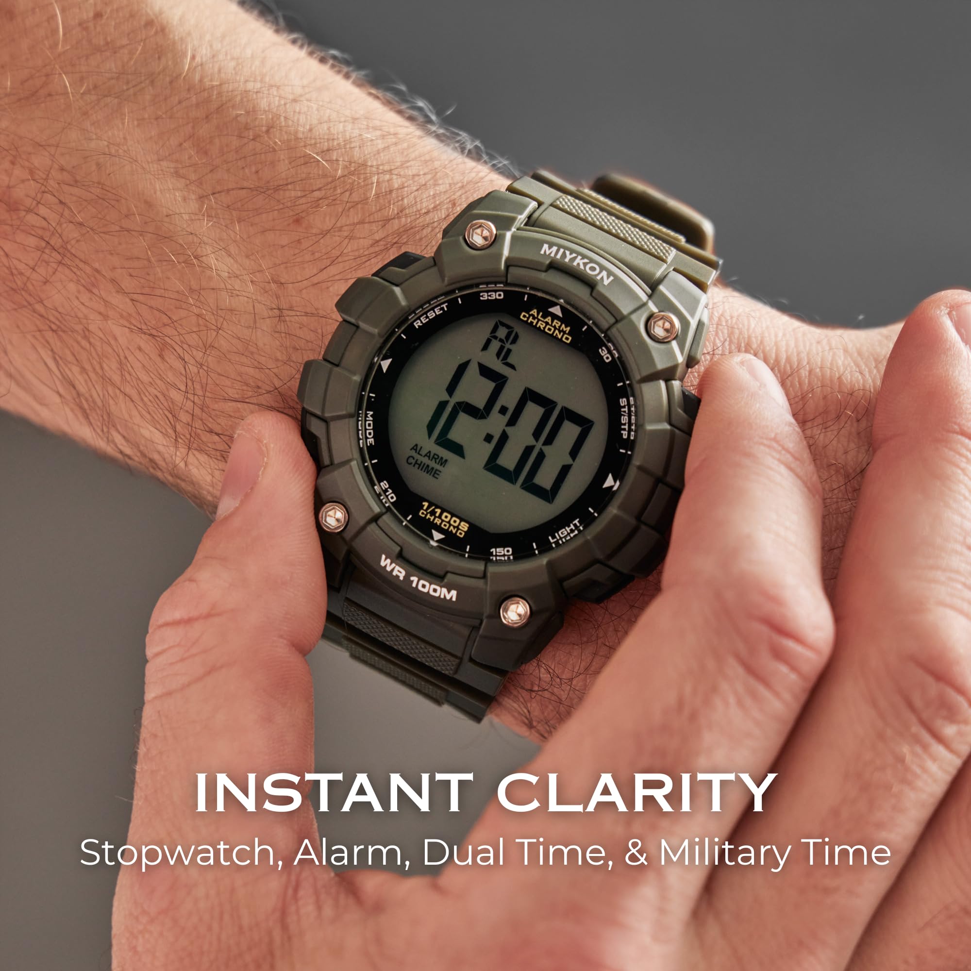 Miykon Orologio militare da uomo, grande display, tattico, costruito con resina antiurto, impermeabile fino a 100 m, orologio sportivo digitale, super illuminante, cronometro, sveglia, doppio fuso
