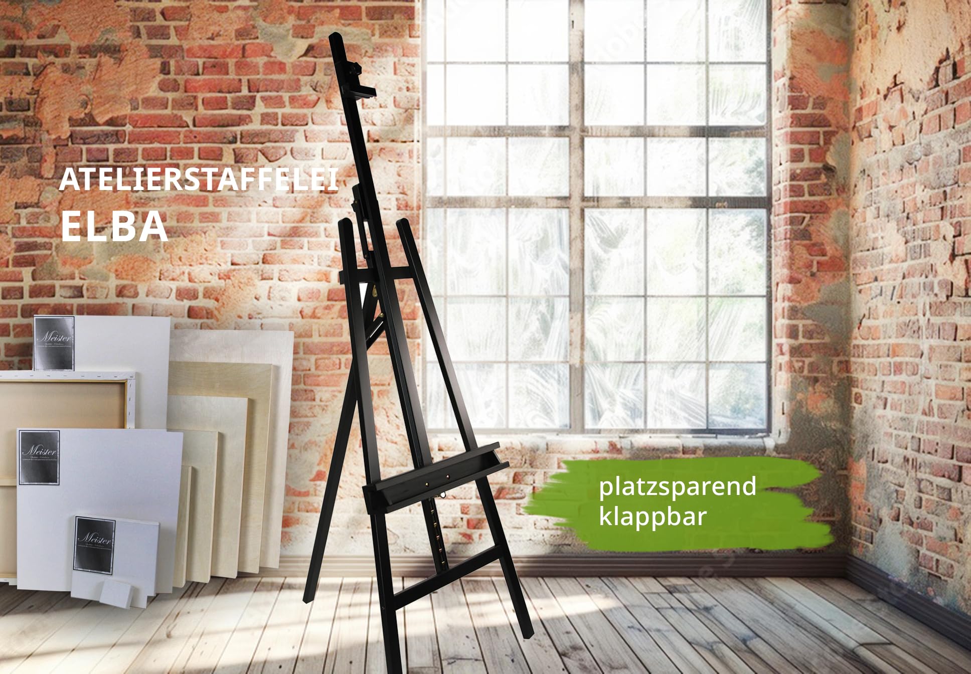 Paintersisters Akademie Staffelei ELBA, 66x230 cm Kiefernholz,schwarz | XL Atelierstaffelei klappbar, Dreibein, Keilrahmen bis 120 cm, Malstaffelei für Acryl, Öl, Aquarell & Hobby