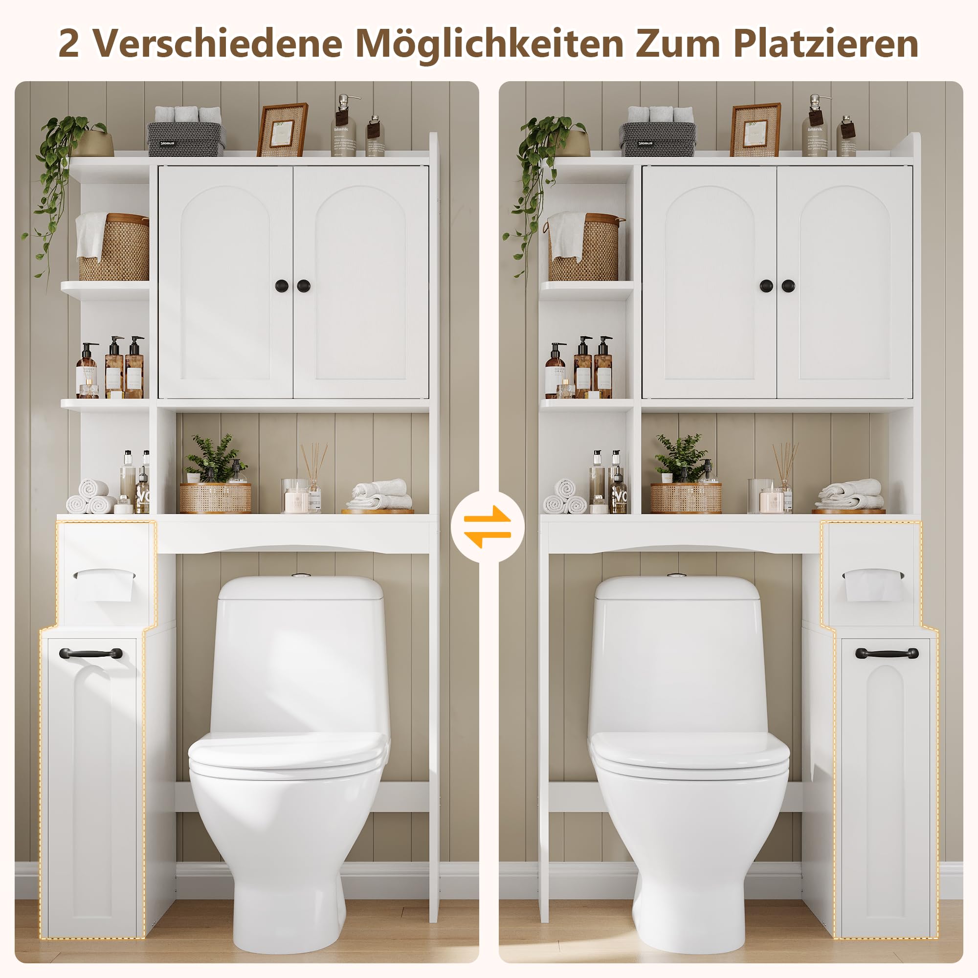 FEONASE Über-WC-Aufbewahrungseinheit mit Seilzug, kleinem Stauraum, Toilettenpapierhalter, Türen und verstellbaren Regalböden, platzsparende Lösung für Bad und Waschküche in Weiß