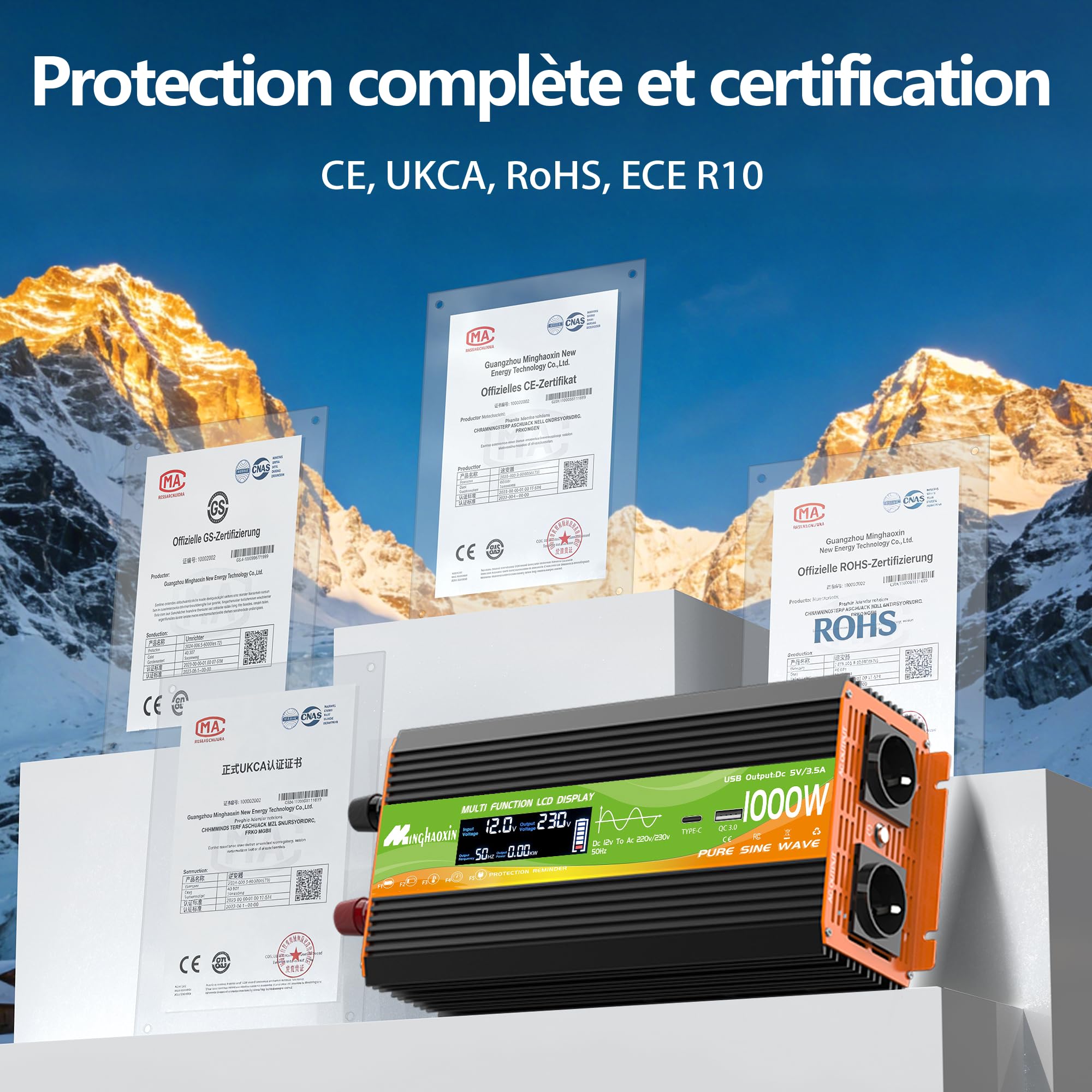 Convertisseur 1000W 12v 220v Pur Sinus Onduleur,Transformateur -2 Prise EU De Courant Alternatif,Ports USB+Type-C,Télécommande sans Fil Et écran LCD,pour énergie Cars, Coupures De Courant, Voyages