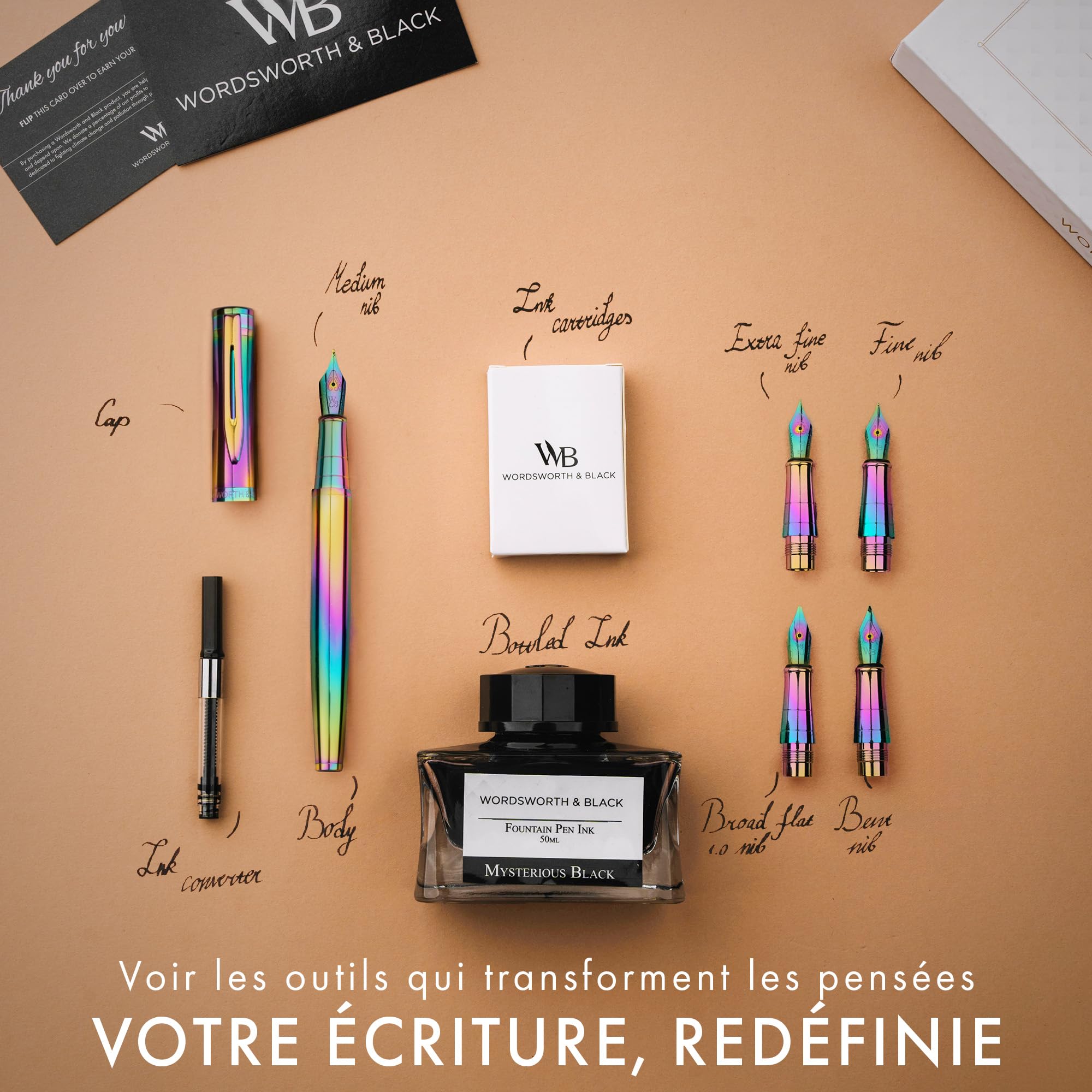 Wordsworth & Black Coffret stylo-plume de luxe, 6 plumes, Arc-en-ciel