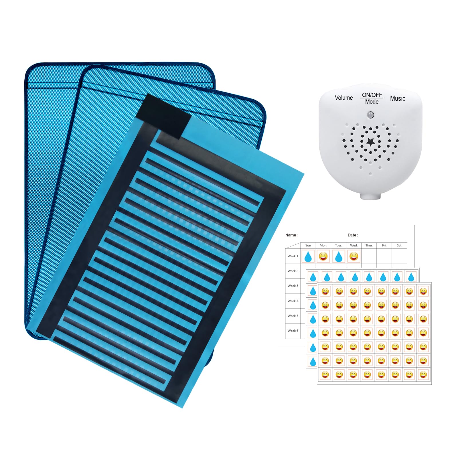 Bettnäss-Alarmunterlage für Jungen und Mädchen, USB-aufladbar, PIPI-Alarm mit optionaler Musik und Lautstärkeregulierung, Töpfchentrainings-Urinmatte für Kinder, Blau