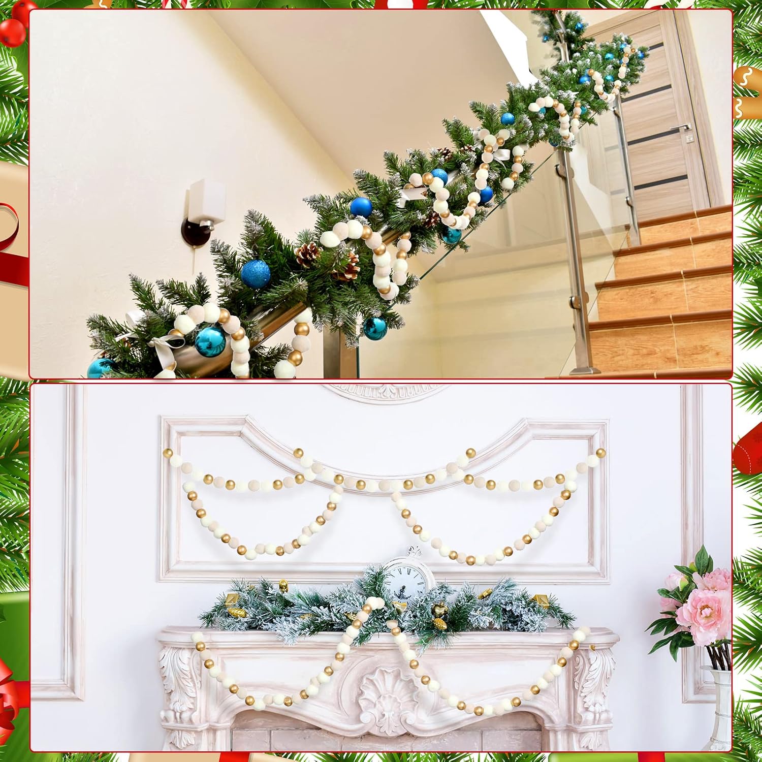 Oudain 2 Pcs Christmas Garland Pom Pom Garland Neutral Wool and Wood Felt Ball Vintage Christmas Tree Decor for Xmas Holiday Party Banner Decoration Wall Craft Ornaments Supplies, Ivory, Cream, Gold