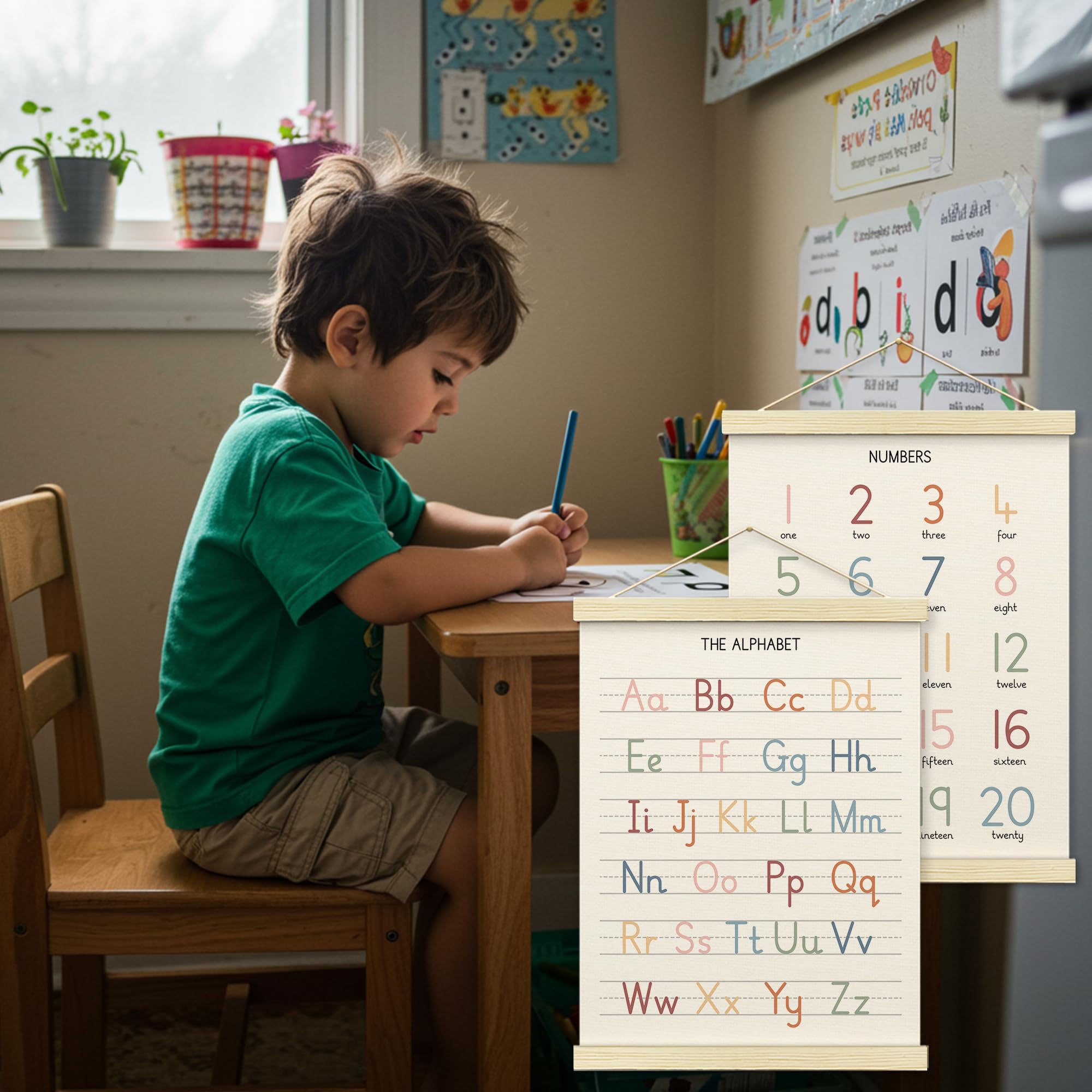BONETAT Poster de l'alphabet en chiffres pour chambre d'enfant, tout-petits, décoration murale de salle de jeux, tableau mural ABC, décoration murale à suspendre pour salle de jeux, décoration murale