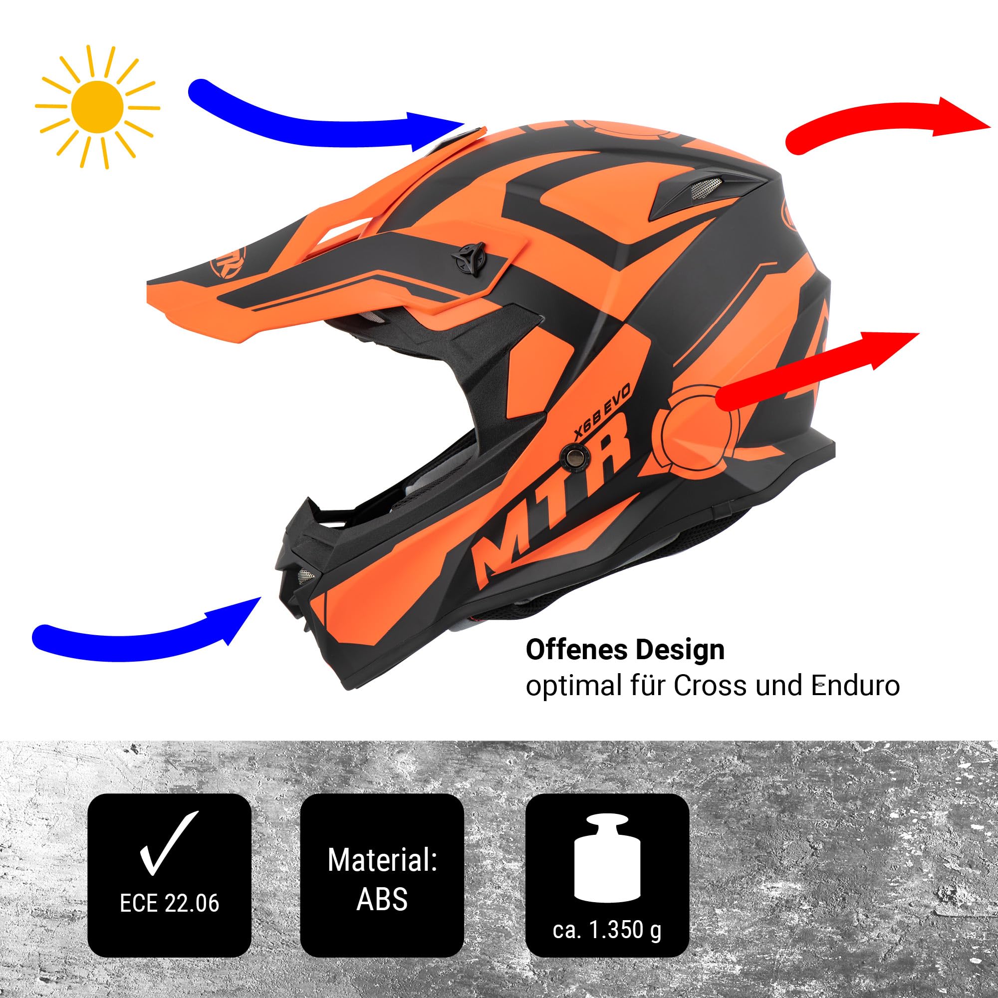 MTR X6B Evo Motocross Helm, ECE 22.06 Geprüfter Motorradhelm, Crosshelm ohne Visier, Cross Helm Motorrad mit Belüftung & Entlüftung, Downhill Helm Geeignet als Fullface Helm MTB, XS-XXL