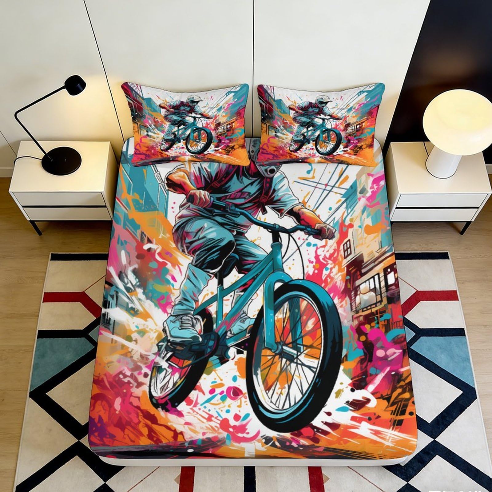 3D Printed Graffiti BMX Fitted Sheet Microfiber Colorful Urban Spray Mattress Cover for Bedroom Dorm Decor 90x200x25cm