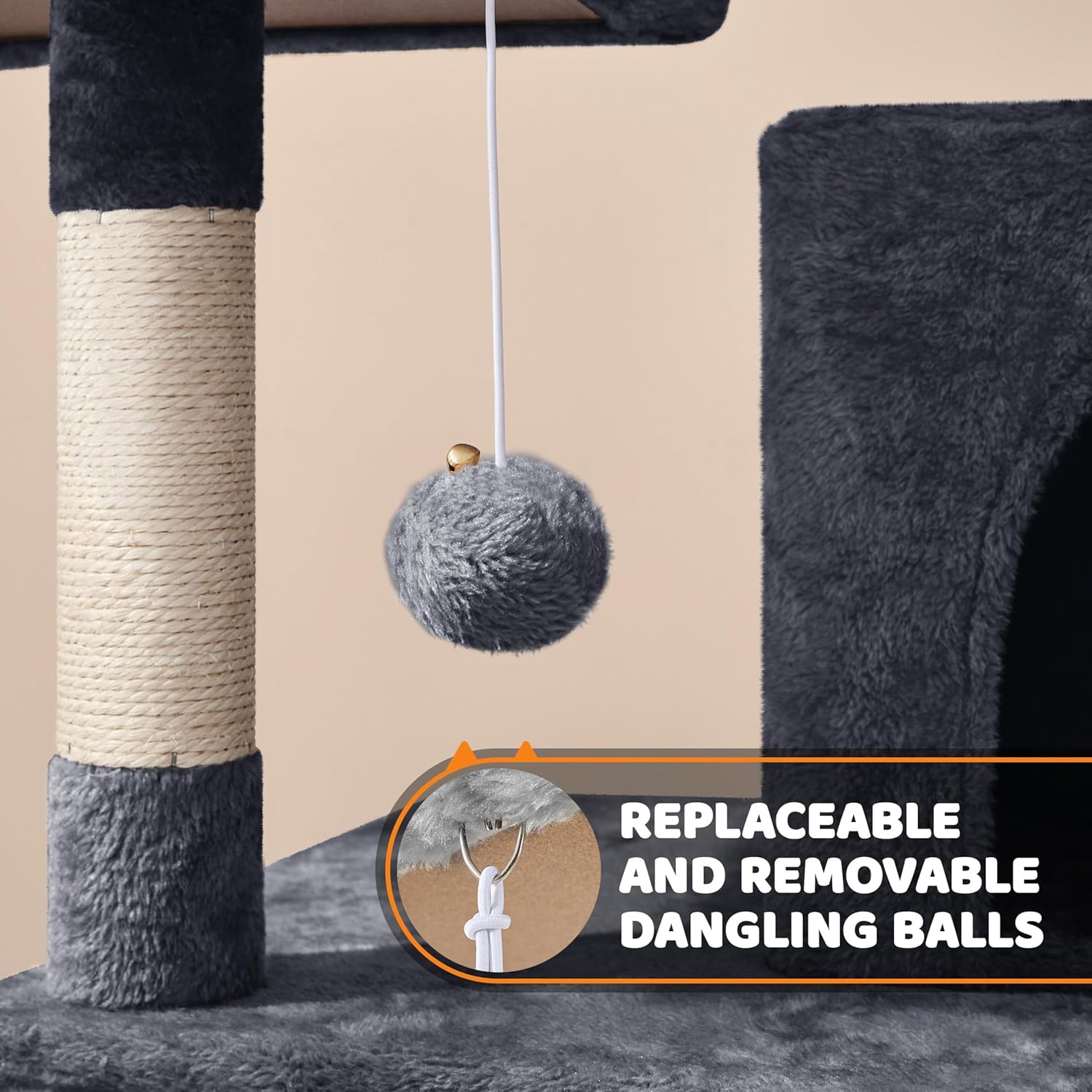 Close-up of a replaceable and removable dangling ball attached to the cat tree