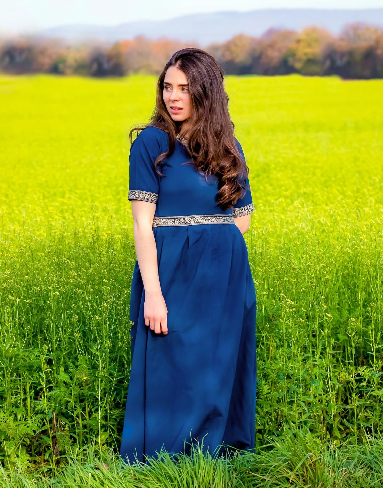 Leonardo Carbone® Vestido de mujer Ennlin, diseño de cenefa, espalda con cordones, carnaval, Halloween, cosplay, LARP, medieval, vikingo, disfraz, línea A, 100% algodón