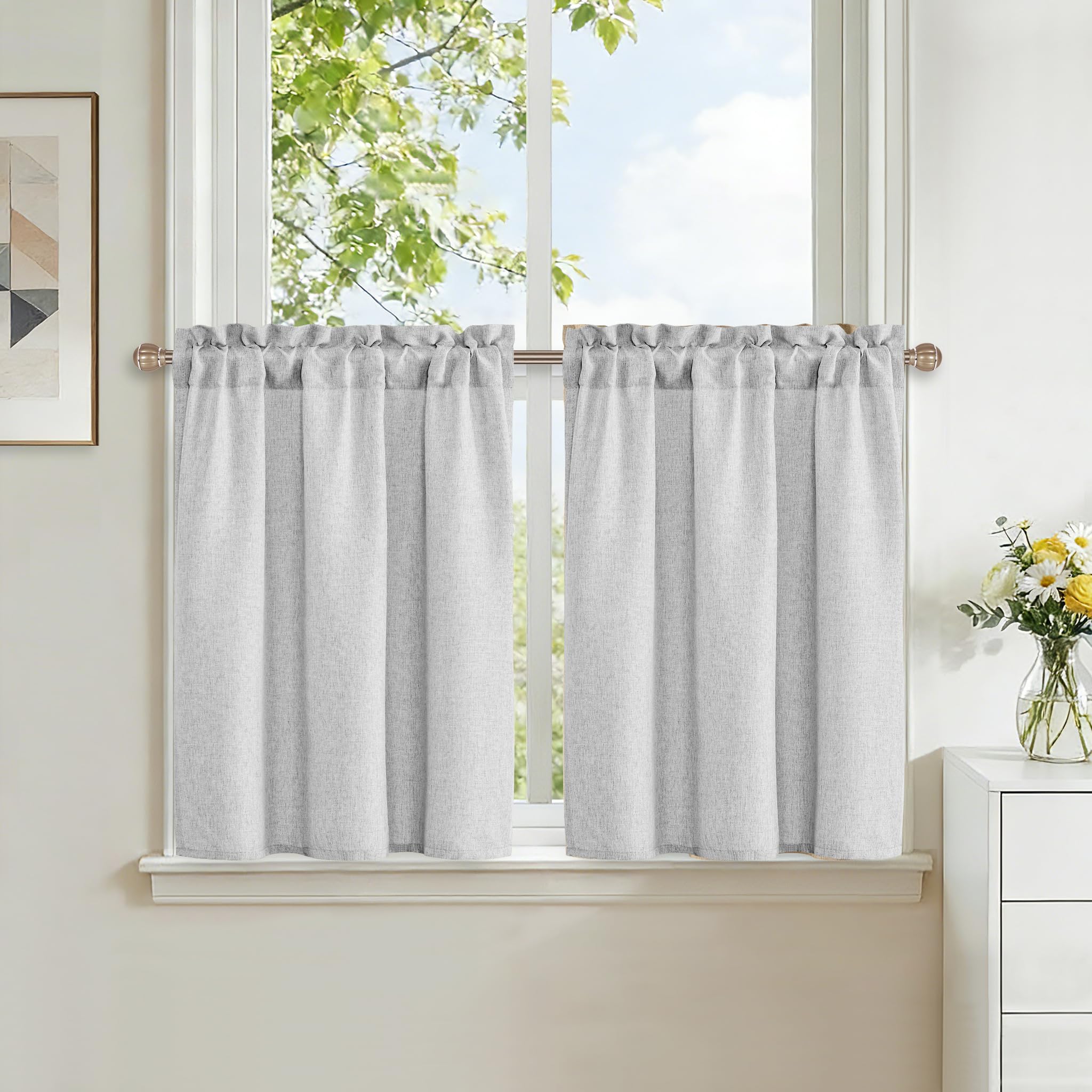 DWCN Scheibengardinen Leinenoptik Hellgrau H60xB60cm 2er Set Küche Gardinen | Kurz Bistrogardine mit Stangendurchzug Landhausstil Vorhänge für Wohnzimmer Schlafzimmer Schrankvorhang Wohnwagen Badezimmer