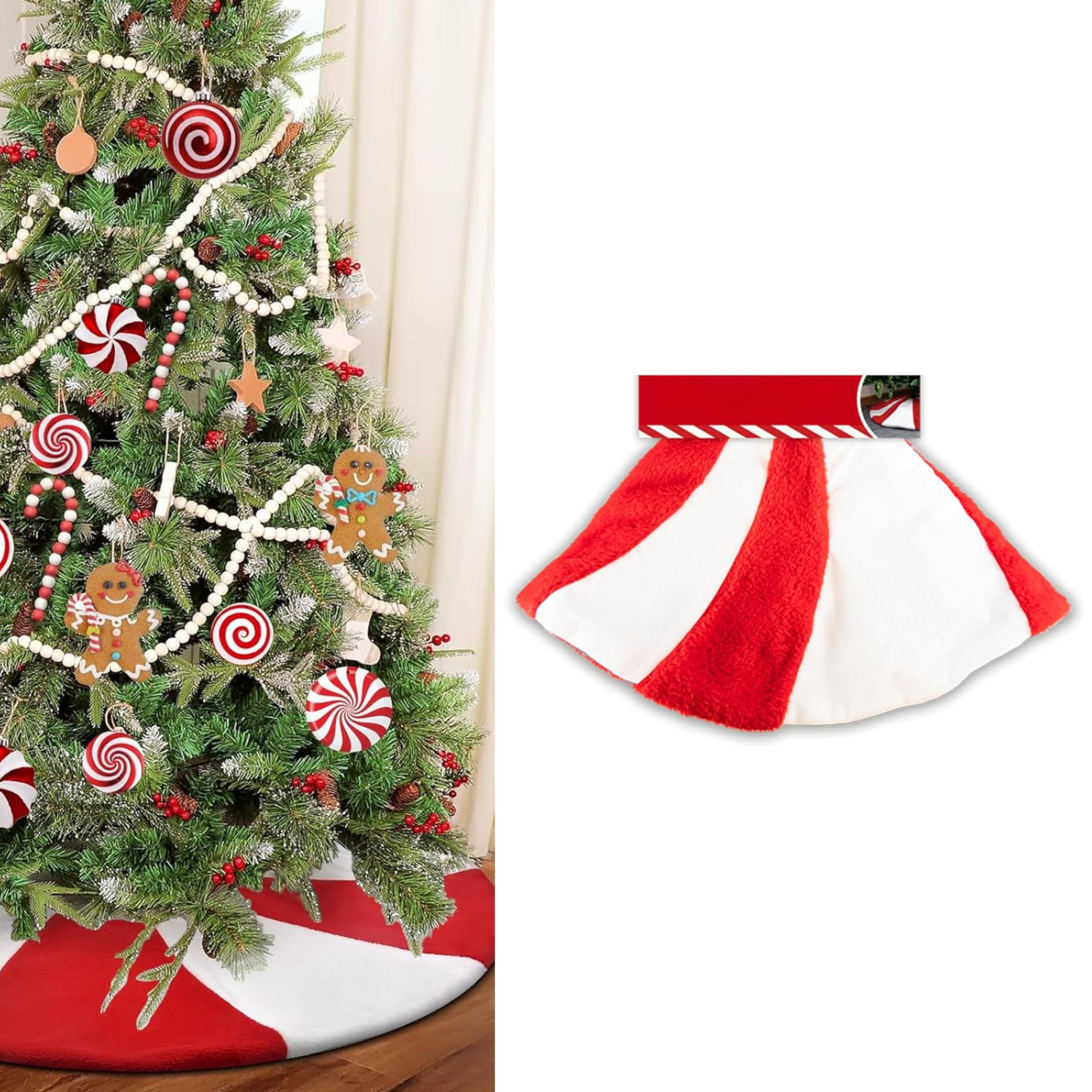 Adeptna Red And White Christmas Tree Skirt Festive Faux Fur Candy Cane With Peppermint Candy Pattern - 80Cm Diameter Red Swirl Candy Cane Tree Skirt - Festive Sweet Candy Cane Ornaments