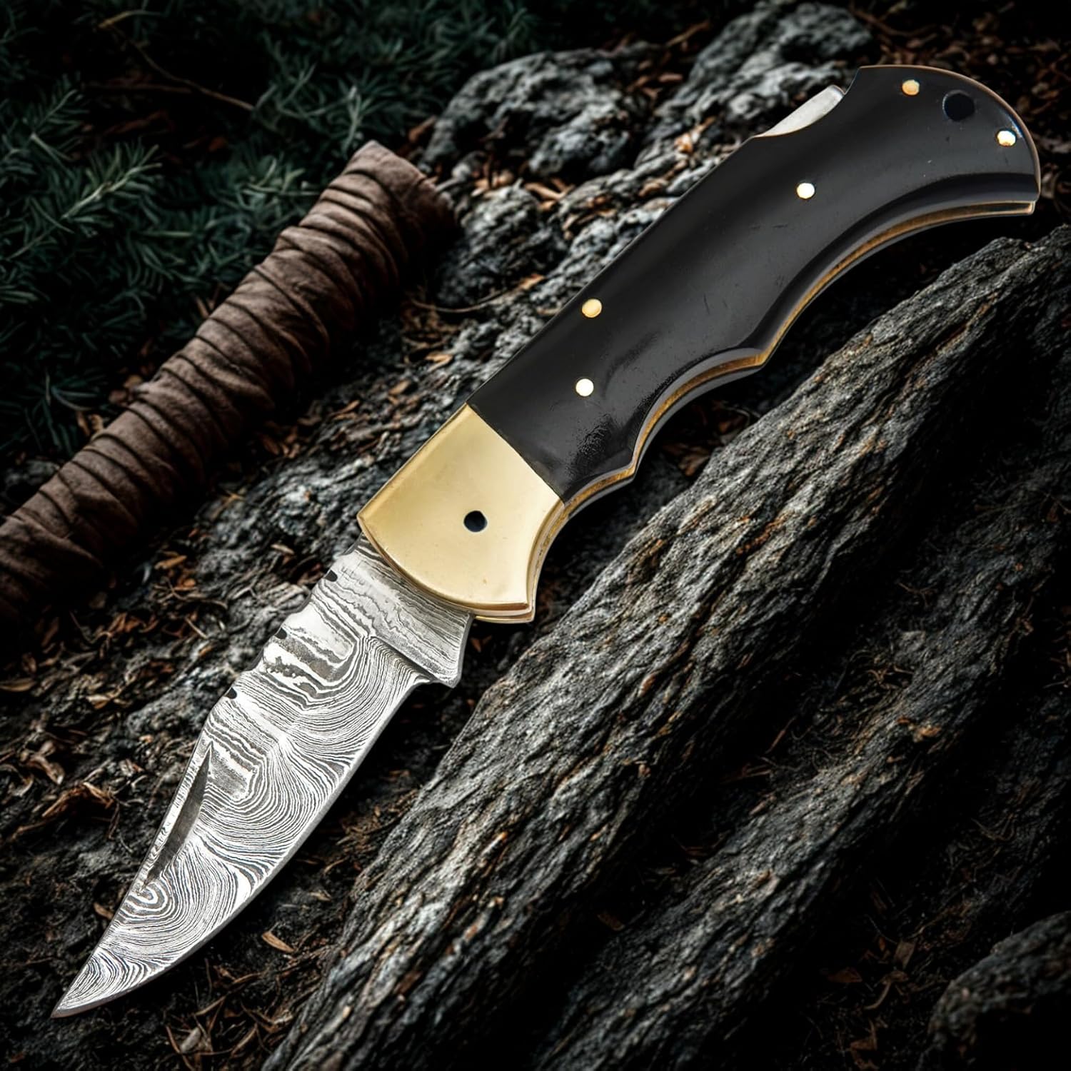 Handmade Damascus Folding Pocket Knife with Brass Bolster and Black Handle – EDC Camping, Survival, Hunting Knife – Compact Damascus Steel Gift for Men – Ideal Outdoor Adventure