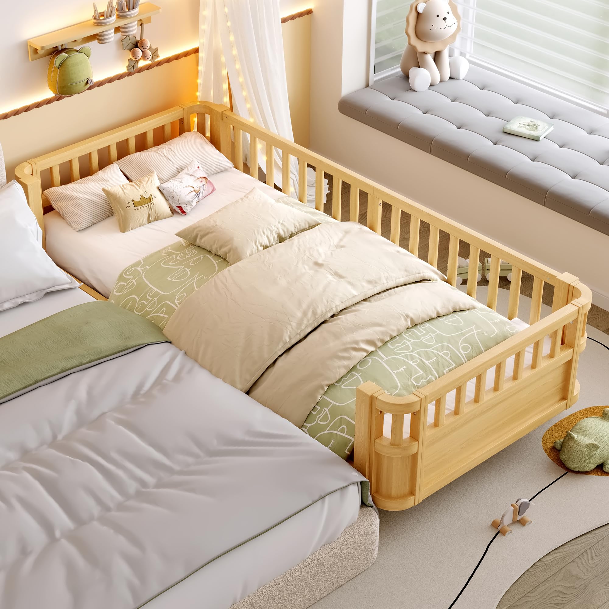Twin XL Montessori Bed with Fence and Slats, Twin XL Low Platform Bed Frame with Detachable Side Bed Rails and Rounded Corner Design, Easy Assemble Montessori Bed Natural