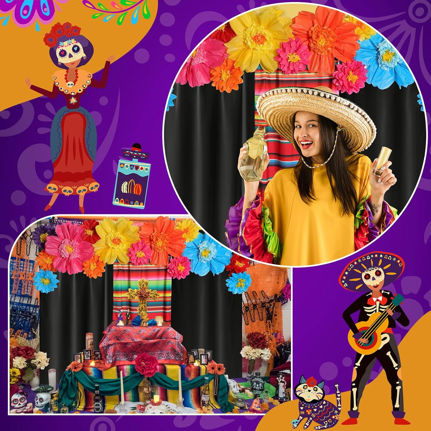 Tingjoo 19 Pcs Mexican Fiesta Decorations Set Mexican Paper Flowers Polyester Backdrop Curtains Backdrop Fiesta Party Decorations Supplies Set for Cinco De Mayo Party Wedding Birthday(Black,Flower)