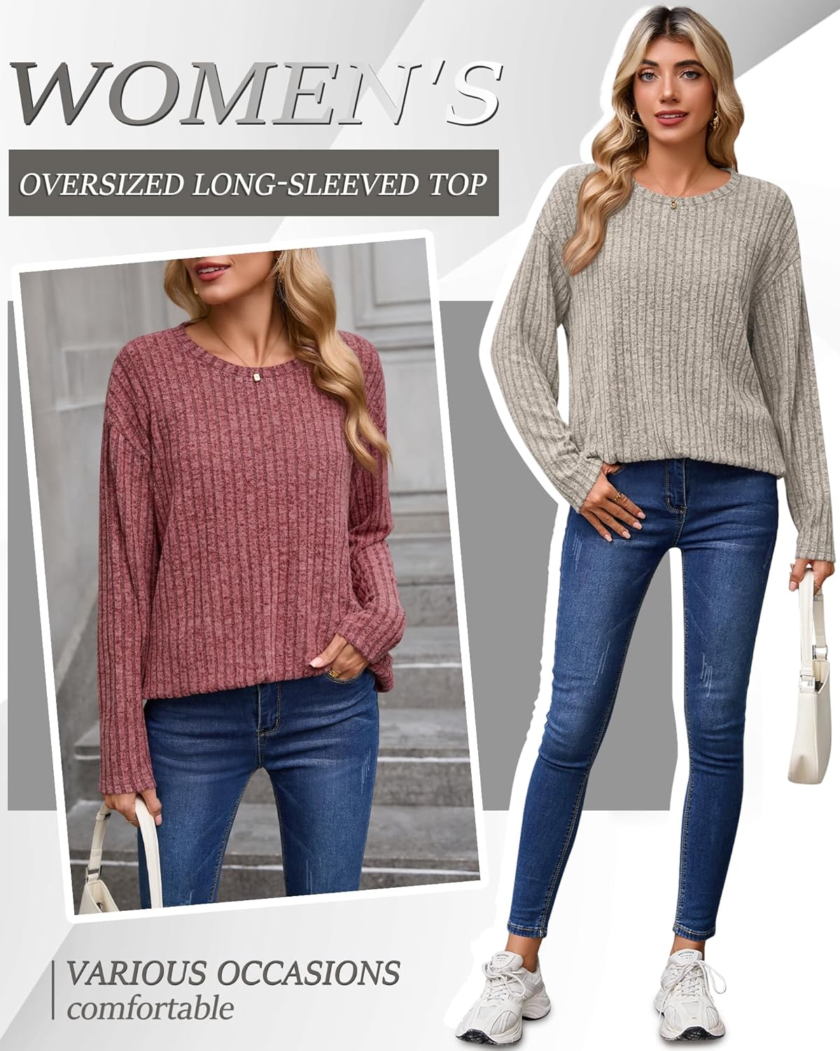 Huukeay 3 Pack Oversized Sweaters for Women Long Sleeve Tops Tunic Ribbed Fall Crew Neck Loose Fit Casual Sweatshirts - Image 4