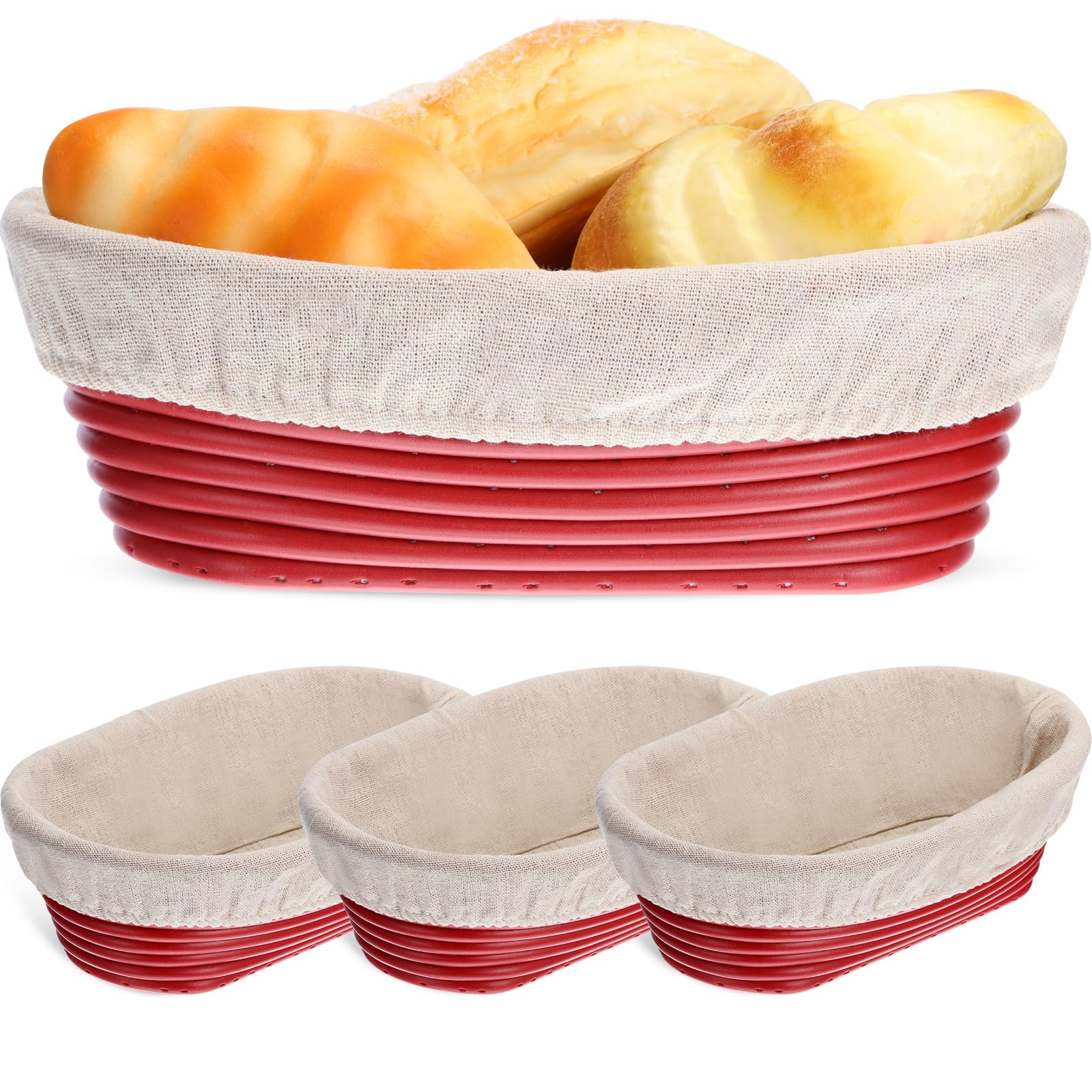 Hushee Set di 3 cestini ovali per lievitazione con raschietto, fodera in cotone, kit per la preparazione del pane, ciotola rossa per lievitazione del pane, strumenti per la preparazione del pane