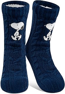 The Peanuts Snoopy - Calcetines de casa de punto con forro de sherpa para mujer, calcetines mullidos de invierno, cálidos, talla única, color azul, azul, 38-43