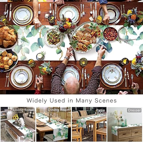 Miniatura 2 de Camino de mesa botánico para primavera y verano, aniversario, plantas tropicales, hojas, rama, vegetación, vacaciones, color verde azulado, mesa