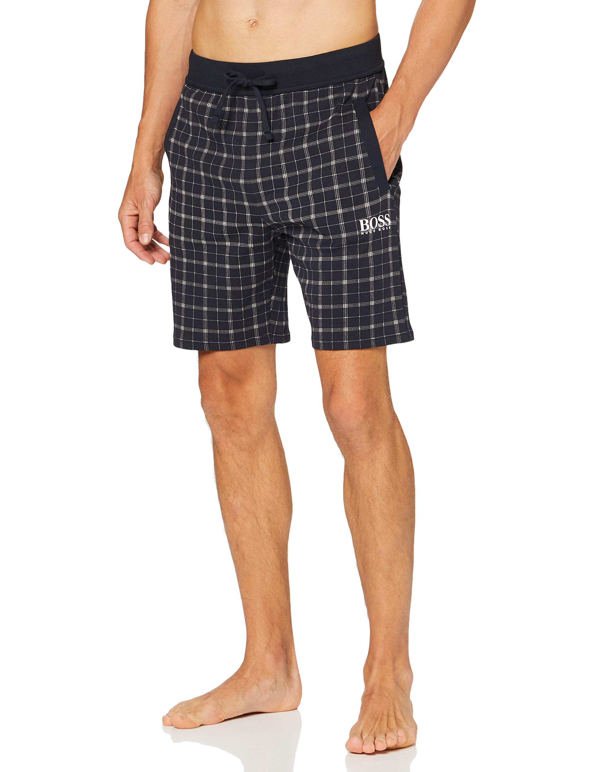 BOSS Mens Relax Shorts Checked Pyjama Shorts in Interlock Cotton with Logo Detail