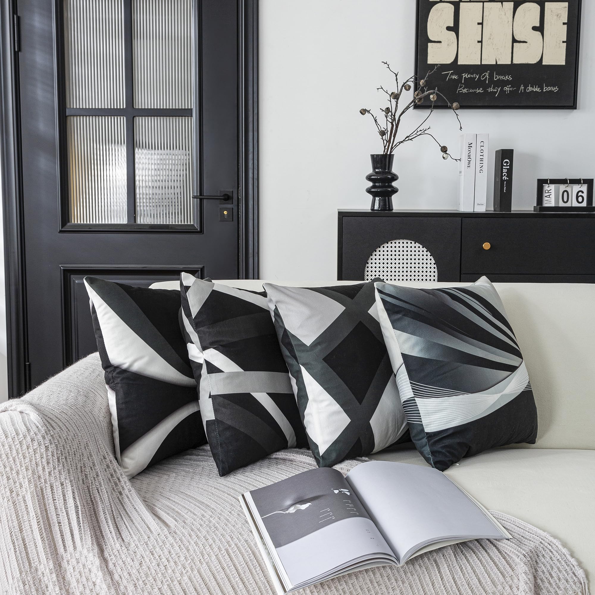 ZHILING Set of 4 Cushion Covers 45x45cm Abstract Black Grey White Stripes Bold design Pillow Cases Home Decor Square cushion covers 18x18 Inches - Image 2