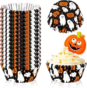 Whaline 300Pcs Halloween Cupcake Liners Pumpkin Boo Ghost Baking Cups Halloween Muffin Liners Cupcake Wrappers Cute Orange Black Cake Paper Cups for Home Baking Kitchen Holiday Party, 2x1.2 Inch