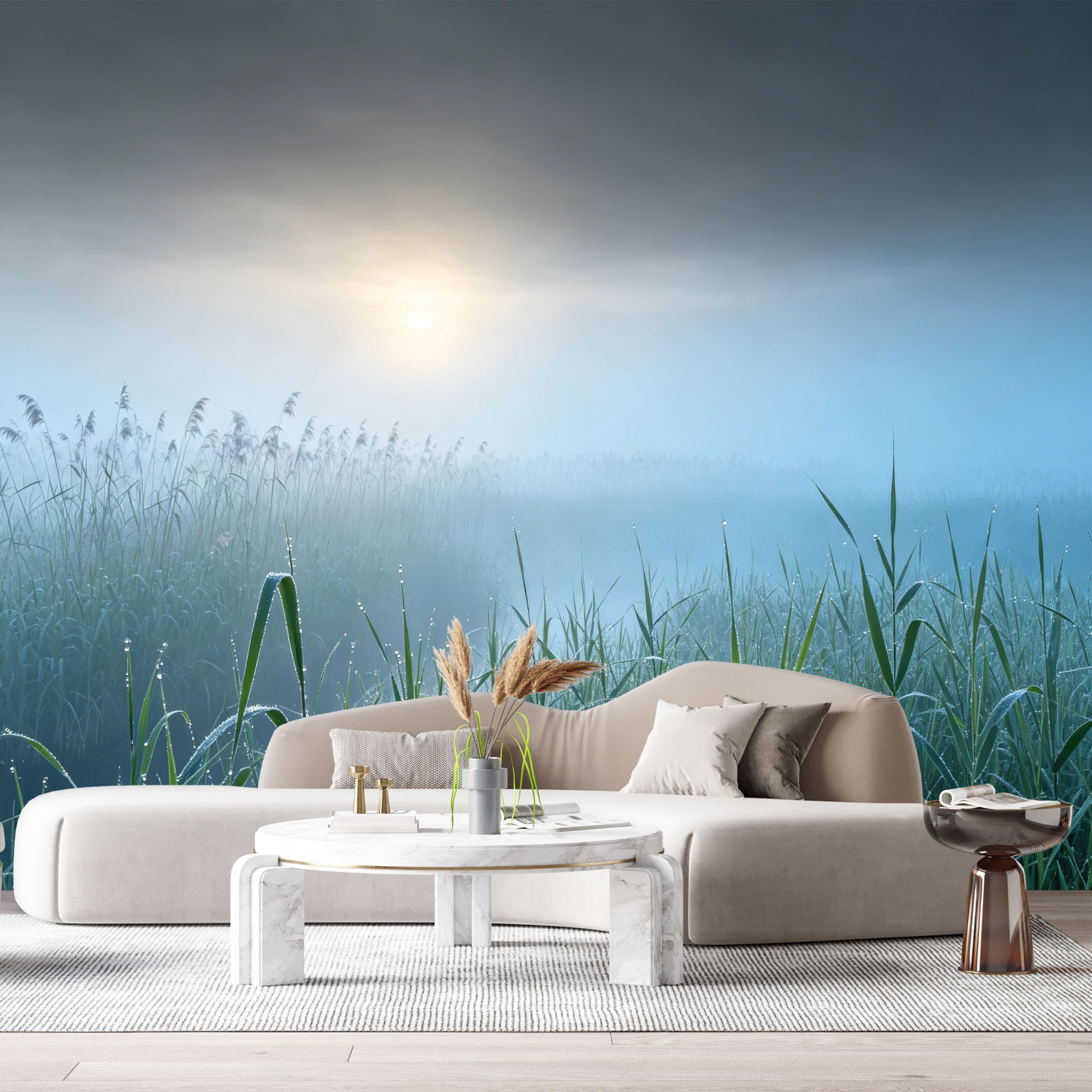 Custom Size Wall Murals Misty Marsh Landscape Watercolor Dawn Reeds Foggy Morning SelfAdhesive Wall Fabric Removable Large Wallpaper for Photo Living Room