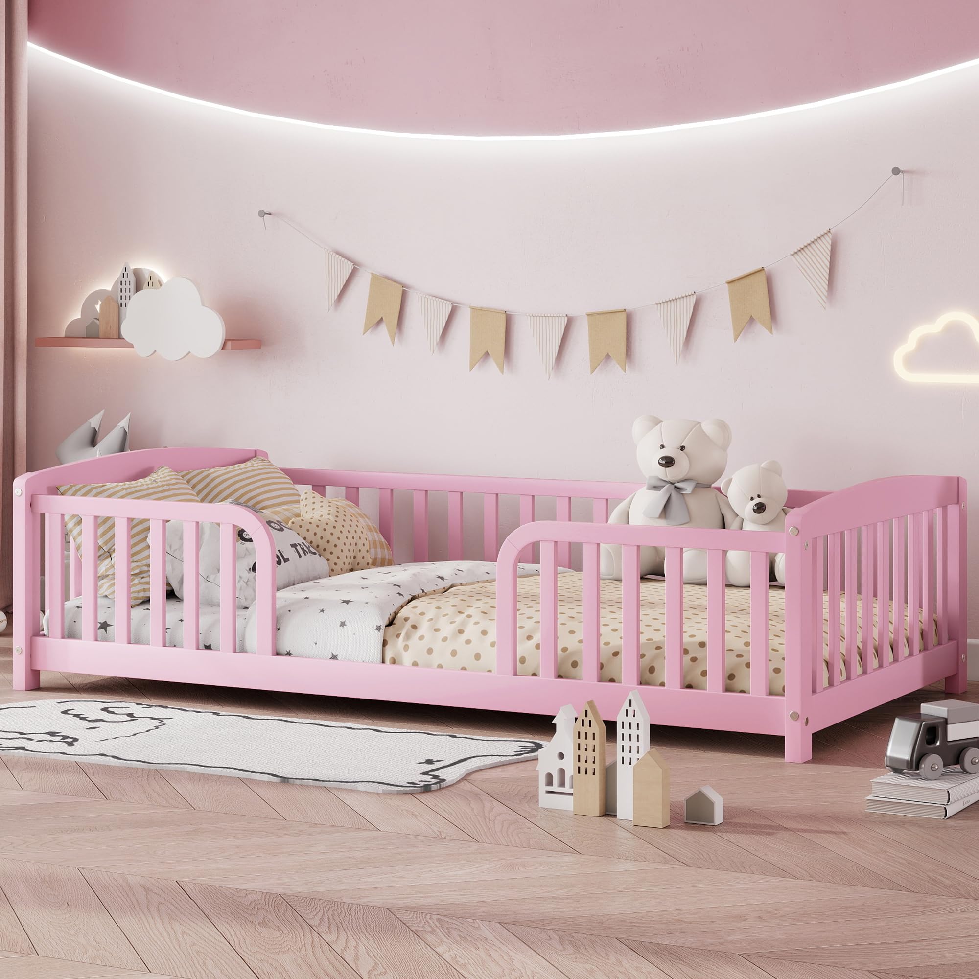 Bellemave Twin Size Montessori Floor Bed Frame with High Fence, Solid Wood Kids Floor Bed with Central Entrance, Low Profile Bed for Boys &amp; Girls, Rounded Corner Design,Pink