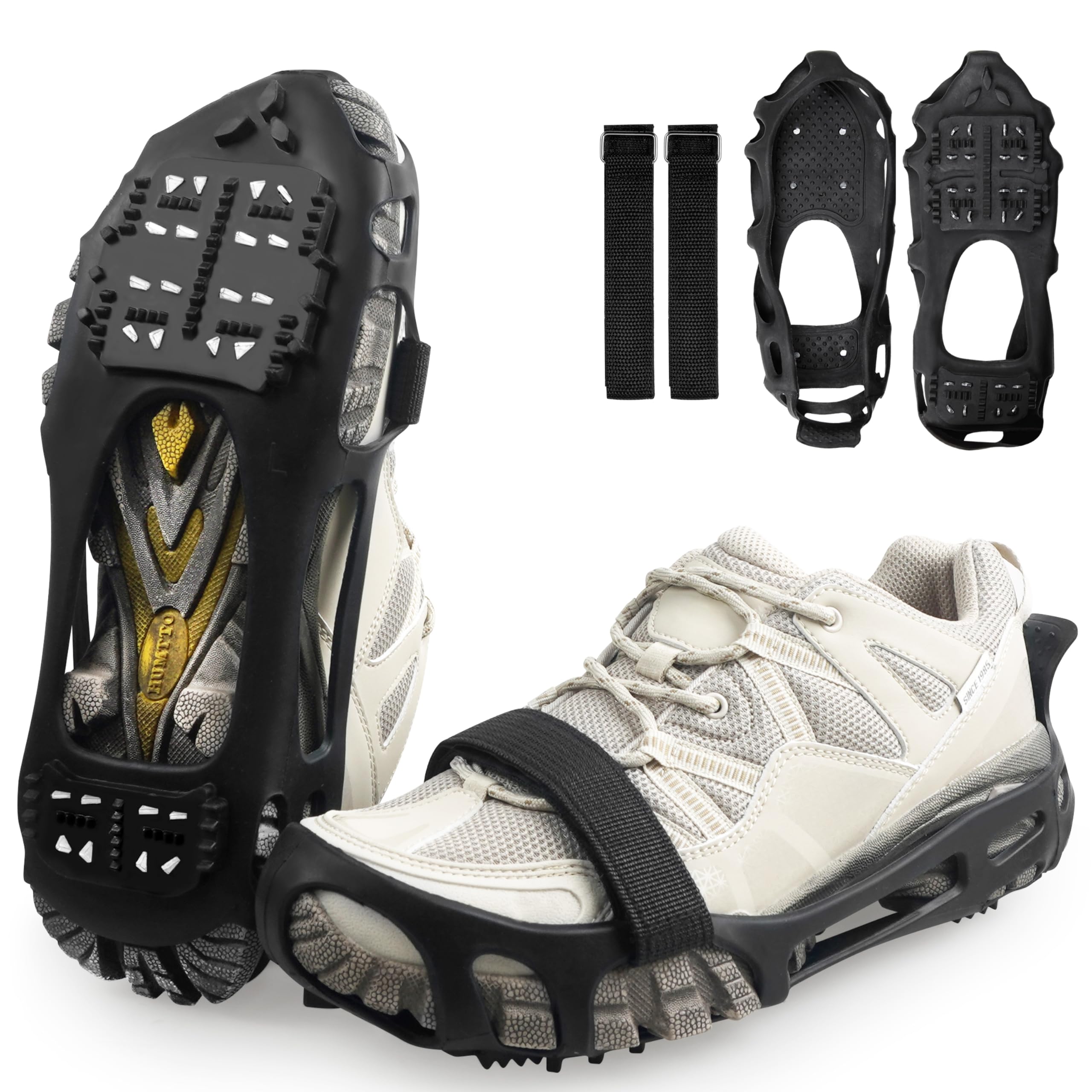 Crampons Ice Cleats for Shoes and Boots, Anti-Slip Snow Grippers 24 Spikes Shoe Grips Traction for Ice Snow Walking Hilking Climbing Ice Fishing