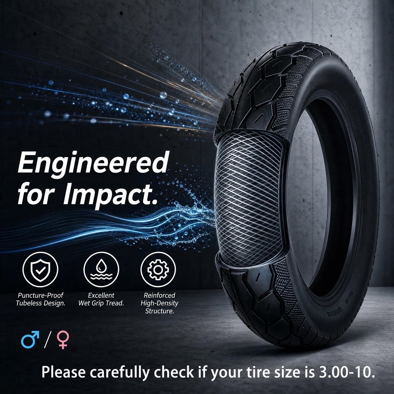 10 Pouces Pneu de Trottinette Électrique, 3.00-10 4PR 42J Pneu Tubeless, Roue Caoutchouc, 3.00 10 Antidérapant pour L'avant et L'arrière, 3.00x10 Charge Maximale 150 kg, 250 kPa