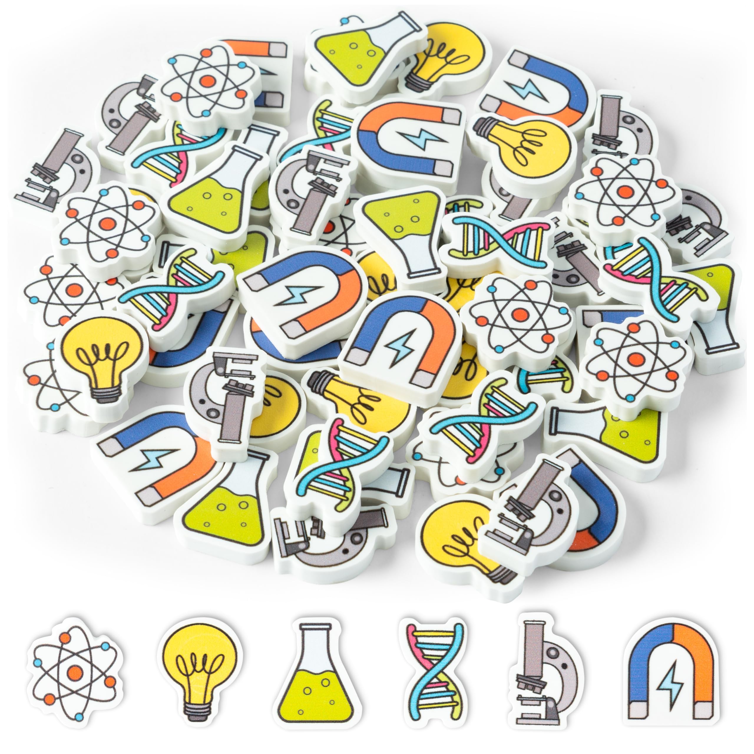 ANGOLIO Science Mini Eraser - 60P Spring Back to School for Kids Bulk Novelty Including microscopes U Shaped Magnets Lamp Bulb Pattern Pencil Eraser