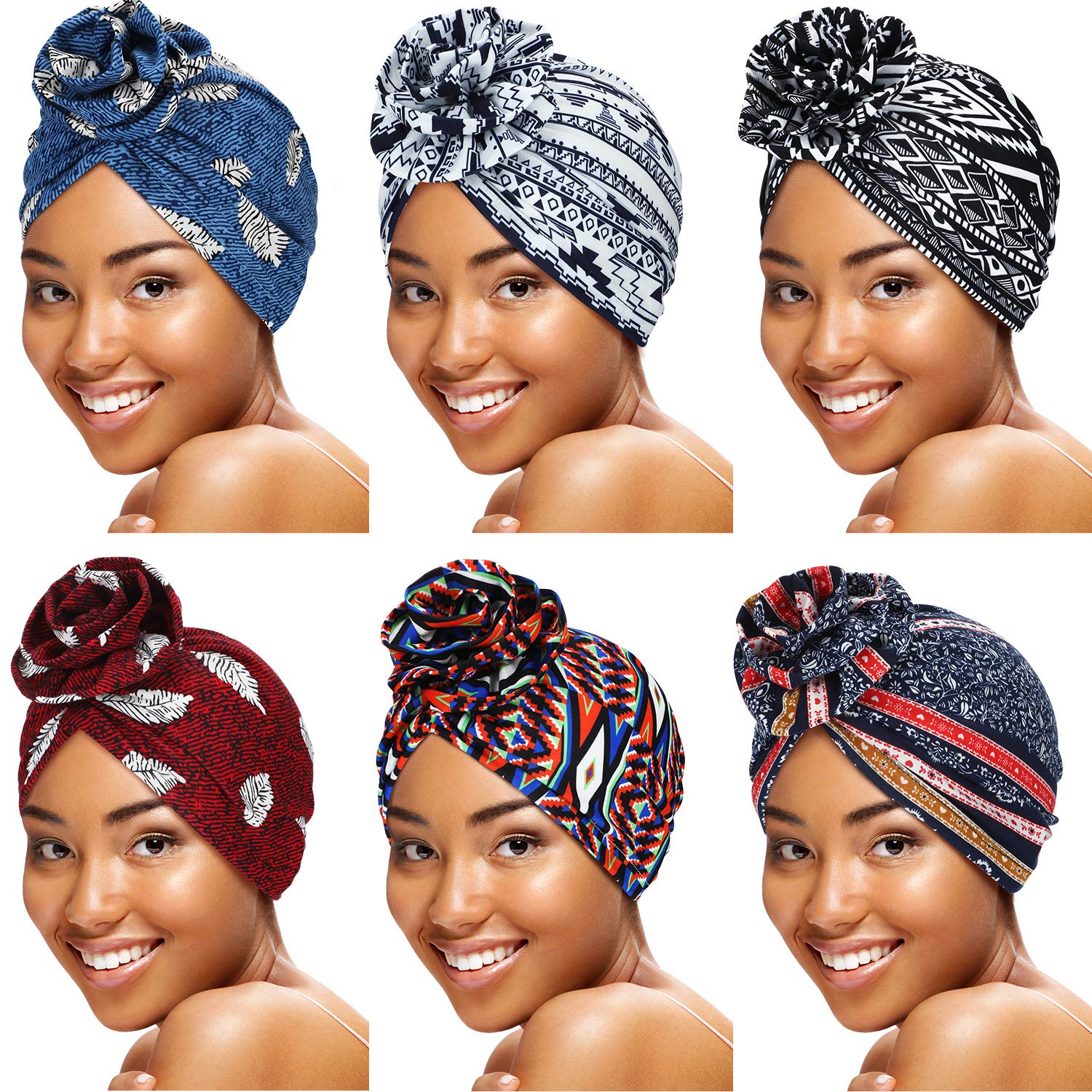 SATINIOR6 Pieces Women Turbans African Pattern Knot Headwrap Pre-Tied Bonnet for Women Girls