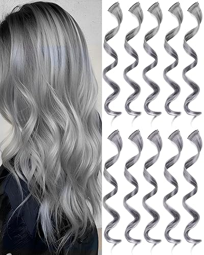 Olldag 10 extensiones de cabello gris, rizadas, onduladas, sintéticas, con clip en arco iris neón para fiesta, accesorios de cabello coloridos para Olldag 10 extensiones de cabello gris, rizadas, onduladas, sintéticas, con clip en arco iris neón para fiesta, accesorios de cabello coloridos para