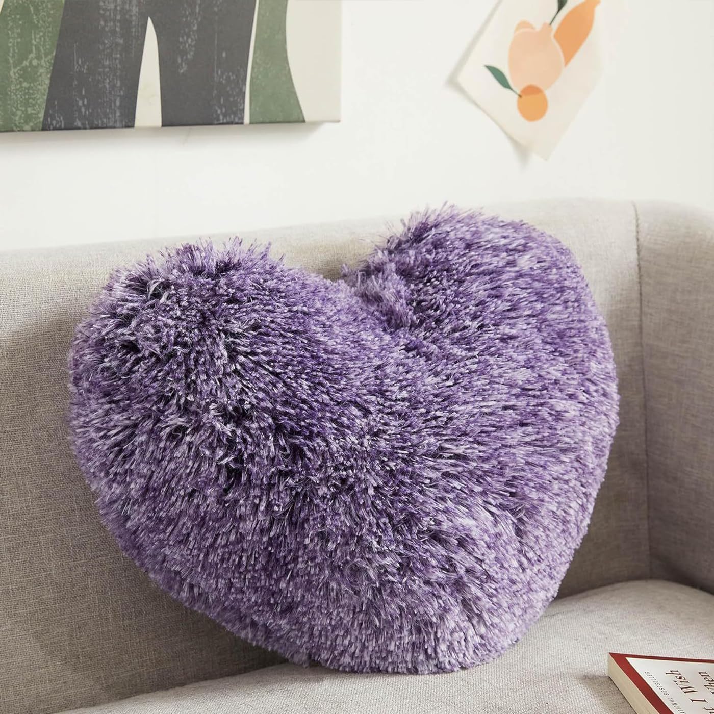 MorroMorn Fluffy Heart Throw Pillows, Shaggy Decorative Pillow for Sofa Couch Bed, Cute Room Decor Decorations for Women Girls Kids (Dark Purple)