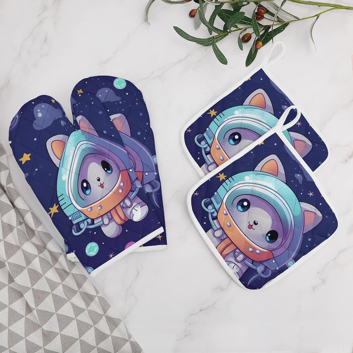 Animal Cat Universe Space Planet 4 Pcs Oven Mitts and Pot Holders Set High Heat Resistant Long Kitchen Oven Glove Potholders