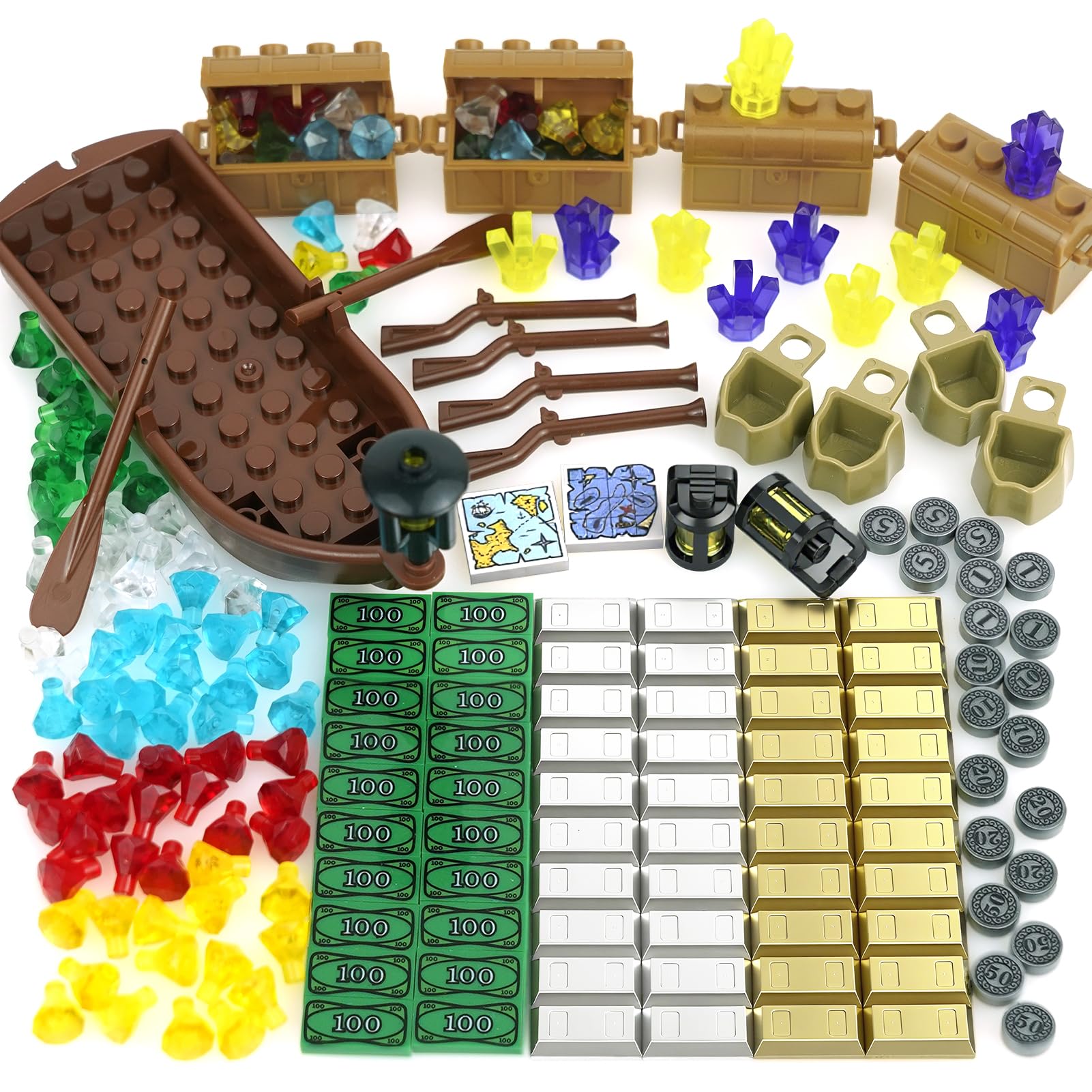 Money Treasure Chest Bank Pirate Ships, Friends City Accessories Building Block, Maps Dollar Jewel Gems Diamonds Gold Bar Coins Bricks Pieces, Crystals Bill Cash Parts Sets