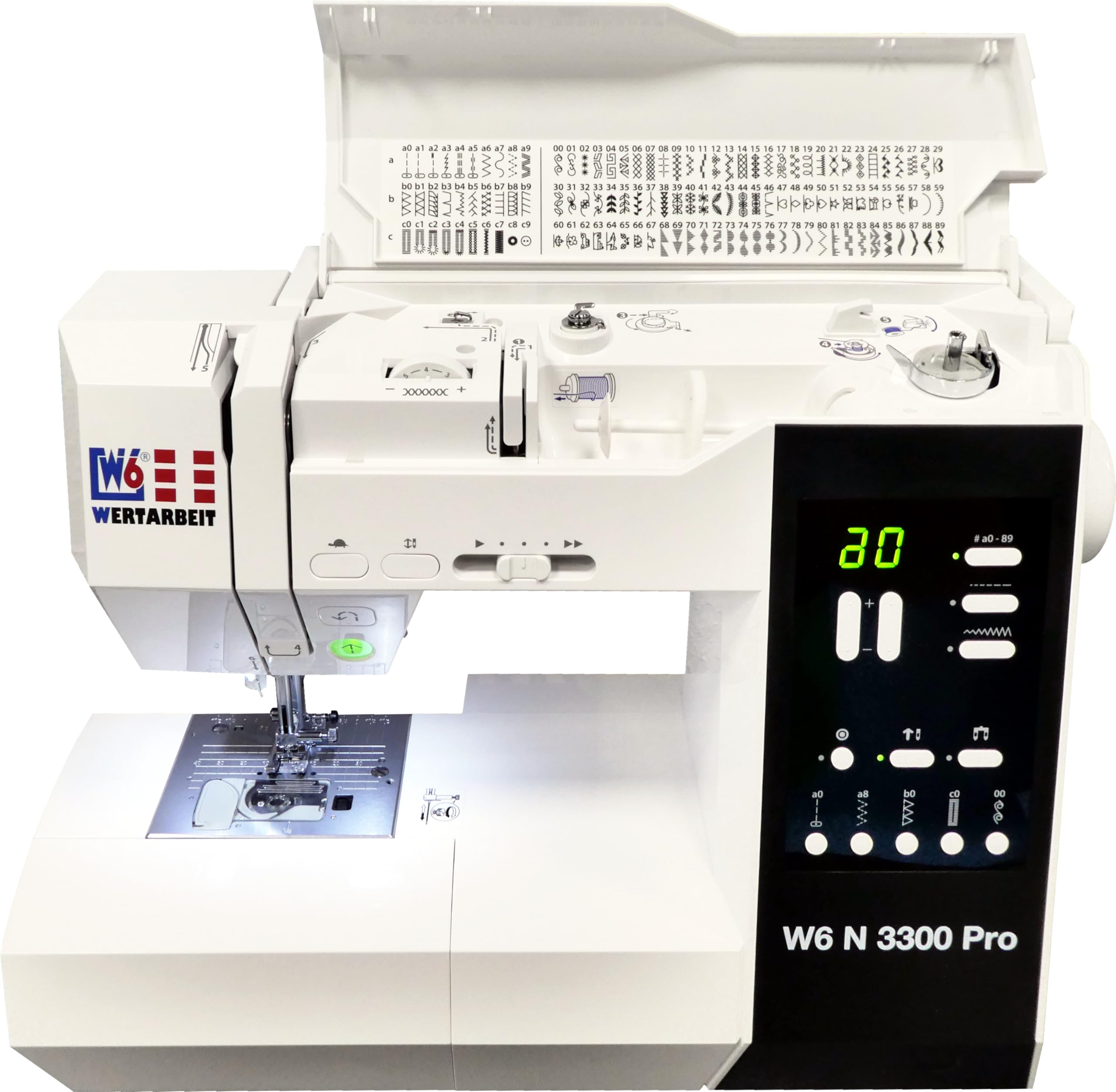 W6 Nähmaschine N 3300 Pro mit 7 Segmente/Punkte Transporteur, verstellbarem Nähanpreßdruck, Sicherheitsfunktion für Zwillingsnadel, LED-Display für Stichfunktionen, 120 Programme