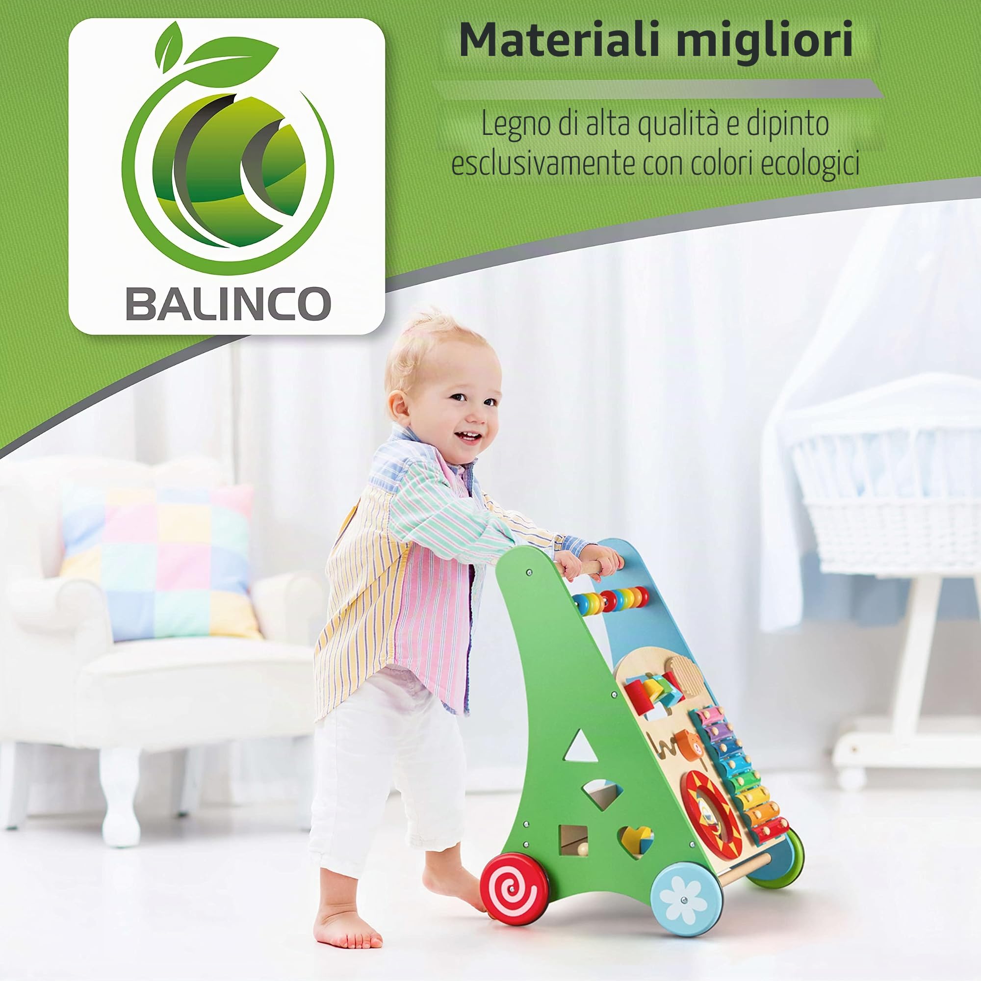 Balinco LEARNING WAGON WOOD, 3 in 1, giocattolo per l'apprendimento + giocattolo musicale + girello da 6 mesi