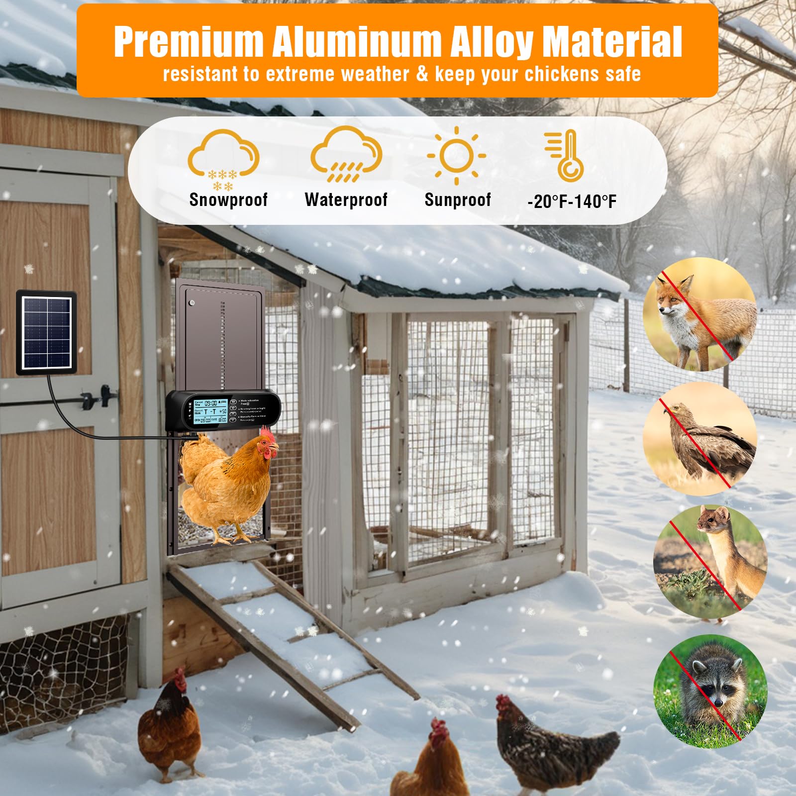 Puerta automática de gallinero alimentada por energía solar, pantalla LCD, puerta de gallinero automática eléctrica con temporizador y sensor de luz, abridor automático de puerta de pollo recargable
