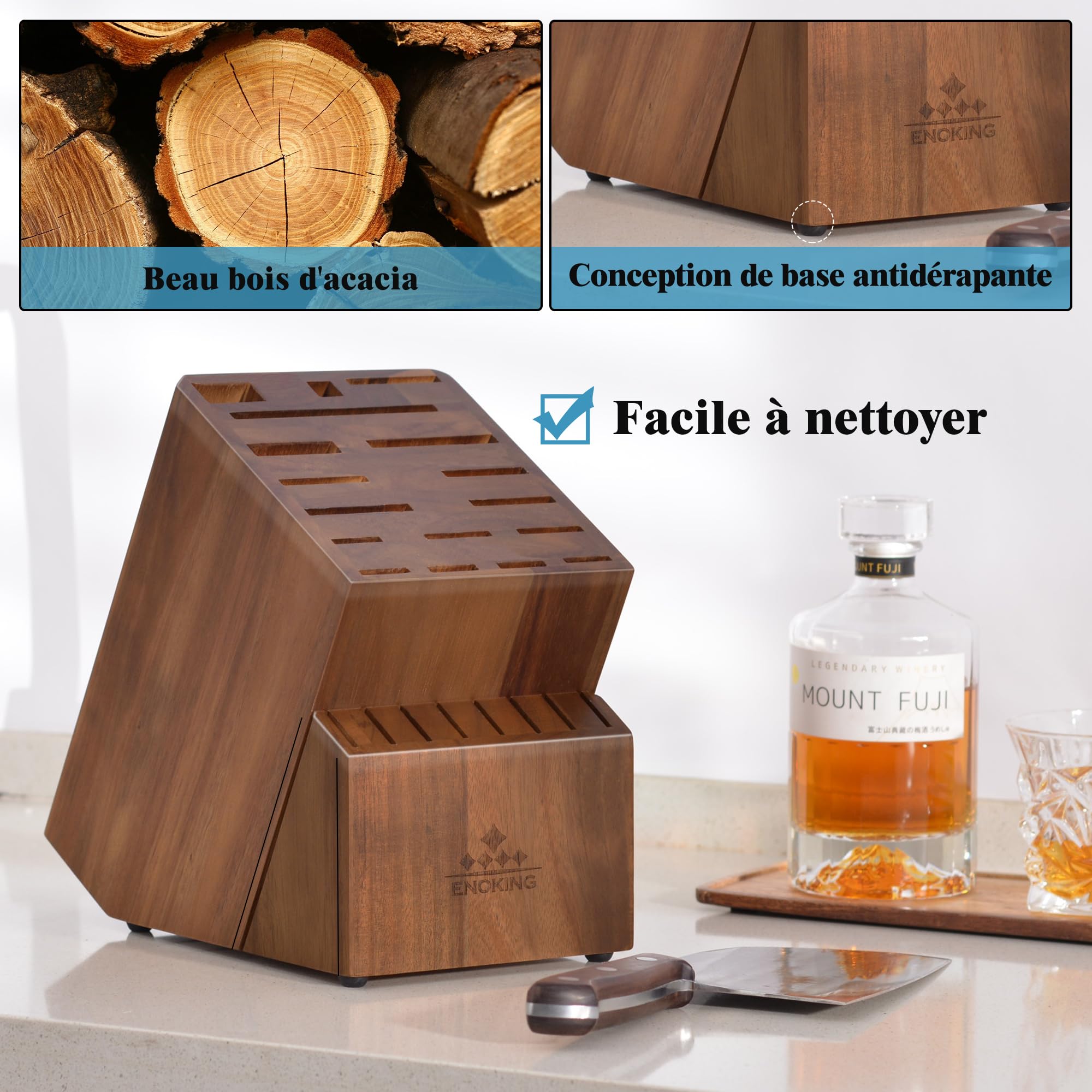ENOKING Bloc couteaux 25 pièces Rangement pour Couteaux, Porte Couteaux de Cuisine en Bois d'acacia, Bloc Couteaux Cuisine sans couteaux, Support de couteaux Ciseaux