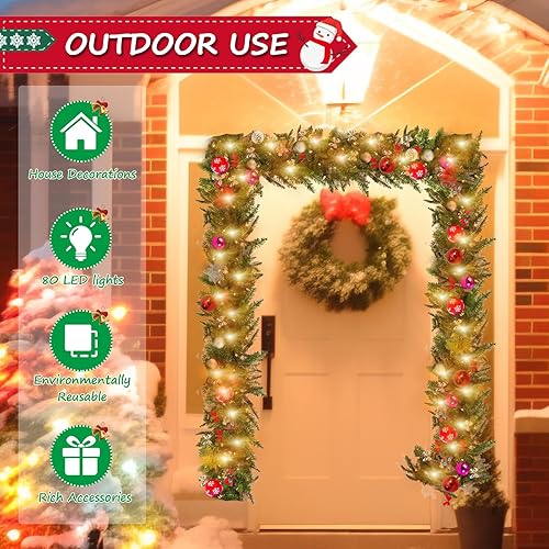 Miniatura 6 de CESHUMD Guirnalda de Navidad, guirnalda de Navidad de 9 pies con 80 luces LED, guirnalda de Navidad iluminada a pilas para decoraciones de Navidad