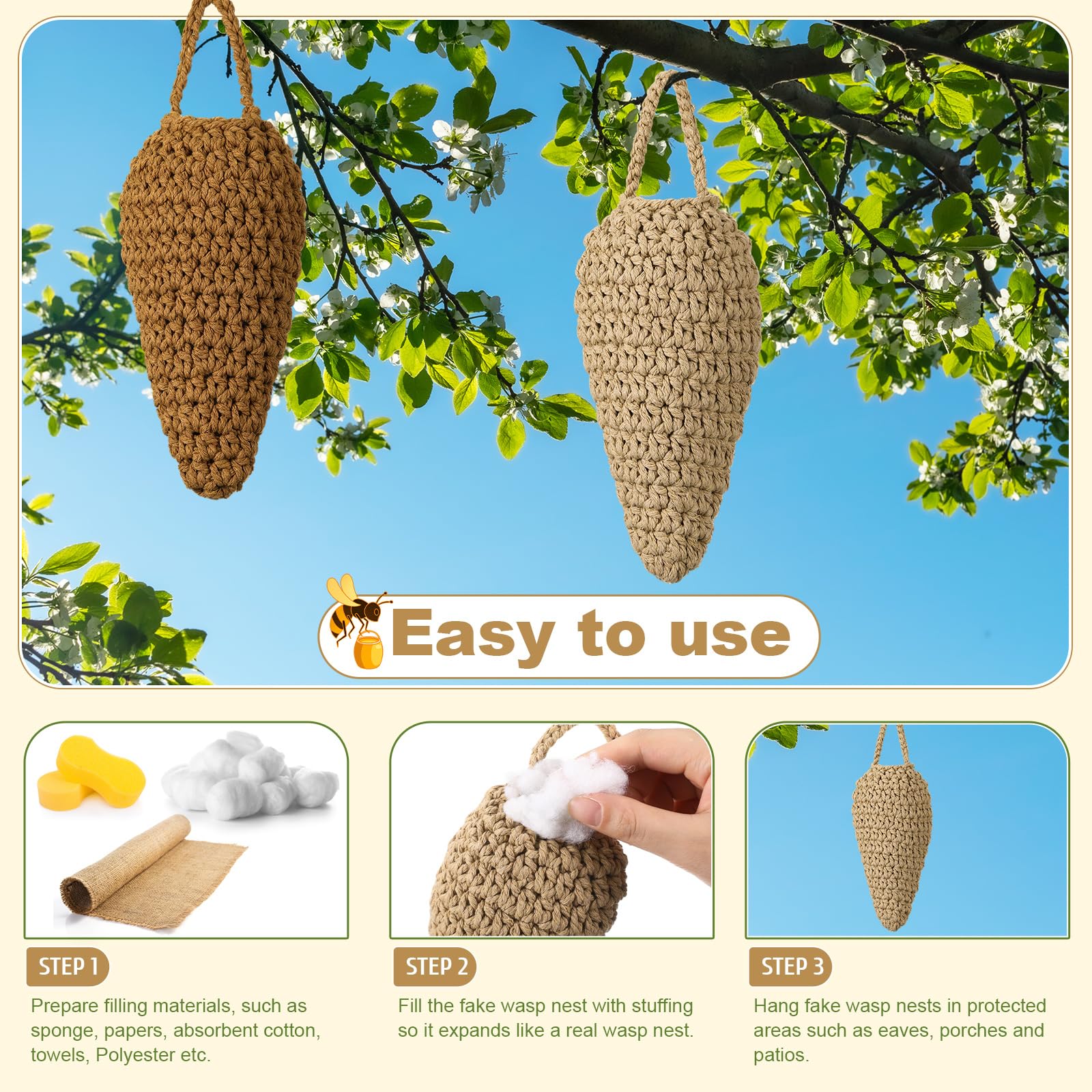 Geiserailie 4 Piezas Señuelos de Nido de Avispas de Crochet Nido de Avispas Colgante Falso para Patio Aleros Jardín Patio Señuelo Decoración