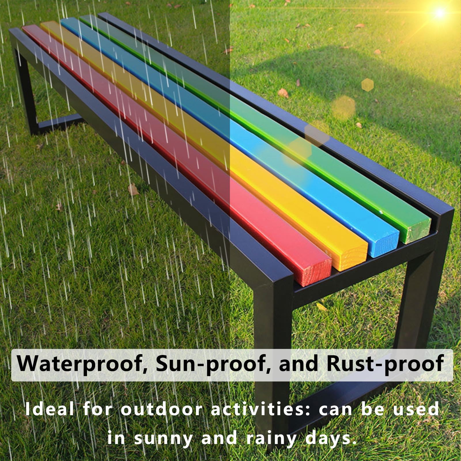 Panca da Esterno Mobili da Giardino Panchine da Patio Senza Schienale Panca da Giardino Metallo Legno Duro Ghisa(Black+Rainbow -150×40×45cm)